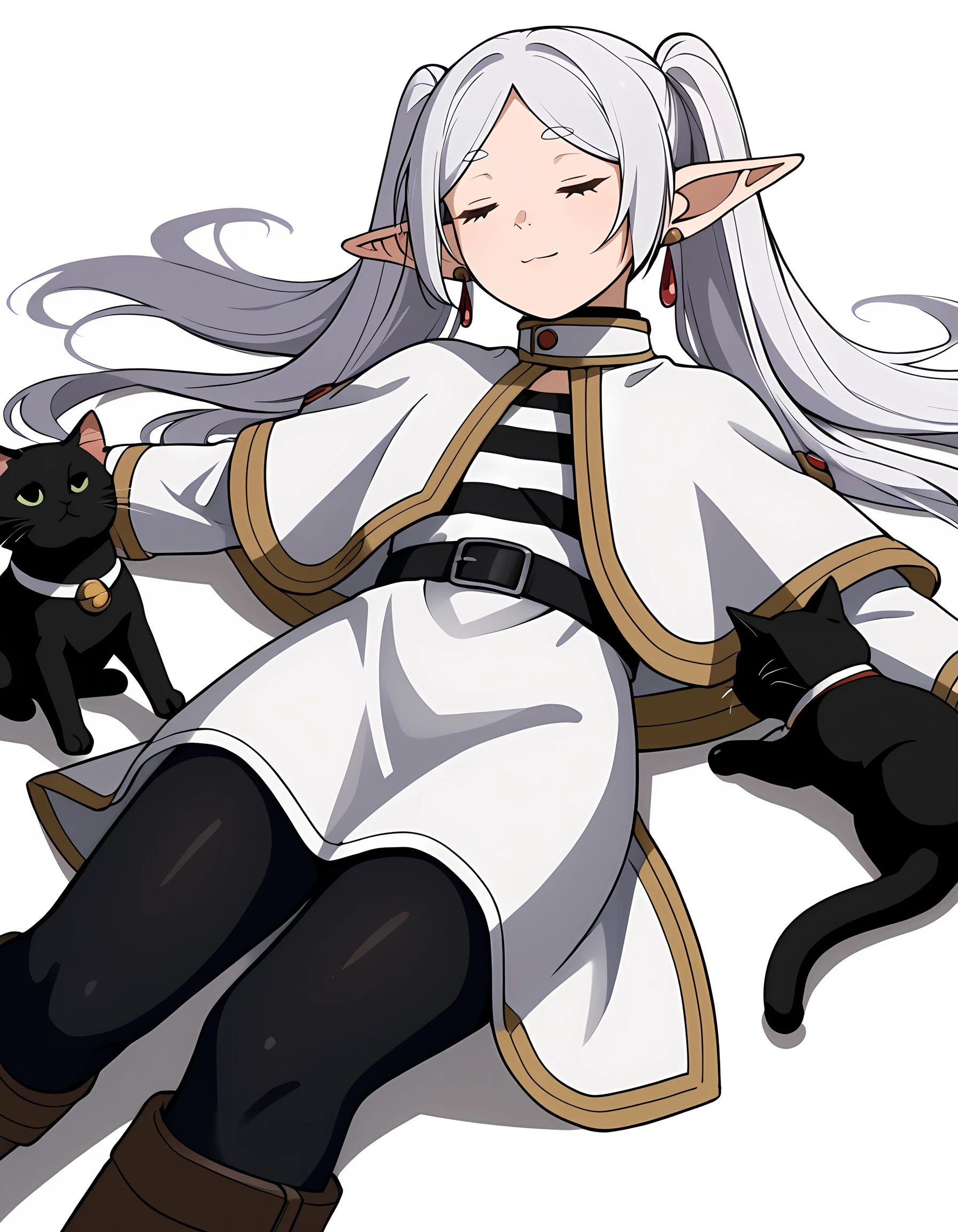 <lora:Frieren:1>,fr1eren, 1girl, cat, white capelet, black pantyhose, brown footwear, jewelry, long hair, dangle earrings, closed eyes, white background, boots, lying, sleeping, simple background, on back, black belt, long sleeves, white skirt, striped shirt, grey hair, closed mouth, white dress, animal, outstretched arms, striped clothes, smile, full body, drop earrings