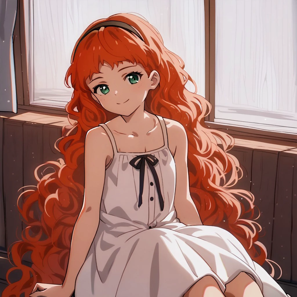 score_9, score_8_up, score_7_up, source_anime, FrillWEP, orange hair, green eyes, hairband, long hair, sleeveless, white dress, sleeveless dress, wavy hair, black hairband, collarbone, indoors, sitting, looking at viewer, very long hair, smile