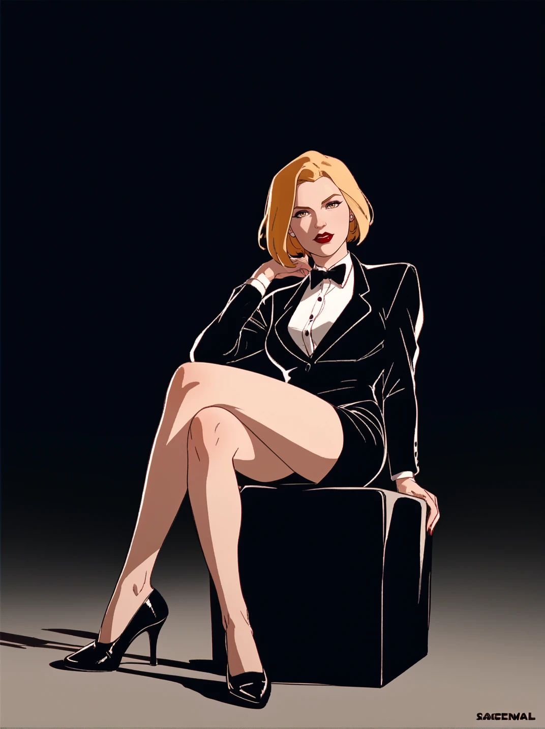 score_9, score_8_up, score_7_up,  
 <lora:AgentLXL:1>agentl, short hair, lipstick, blonde hair, makeup, formal clothes, crossed legs, high heels, looking at viewer, sitting, mood lighting, dark shadows, contrast,