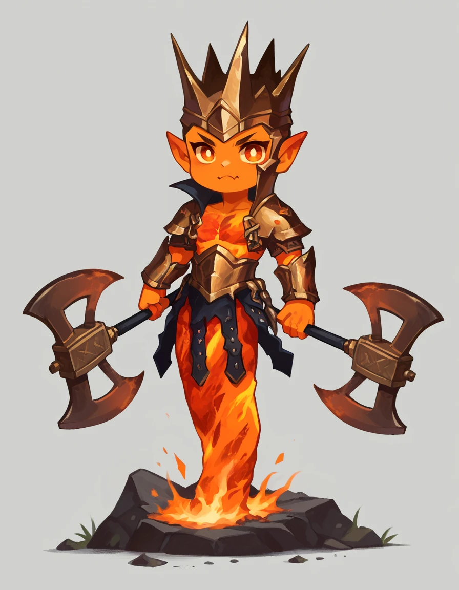 score_9, score_8_up, score_7_up, source_cartoon, 2d, chibi, blank background,
k'daaifireborn, no humans, molten rock, holding axe,
 <lora:Fireborn:0.8>