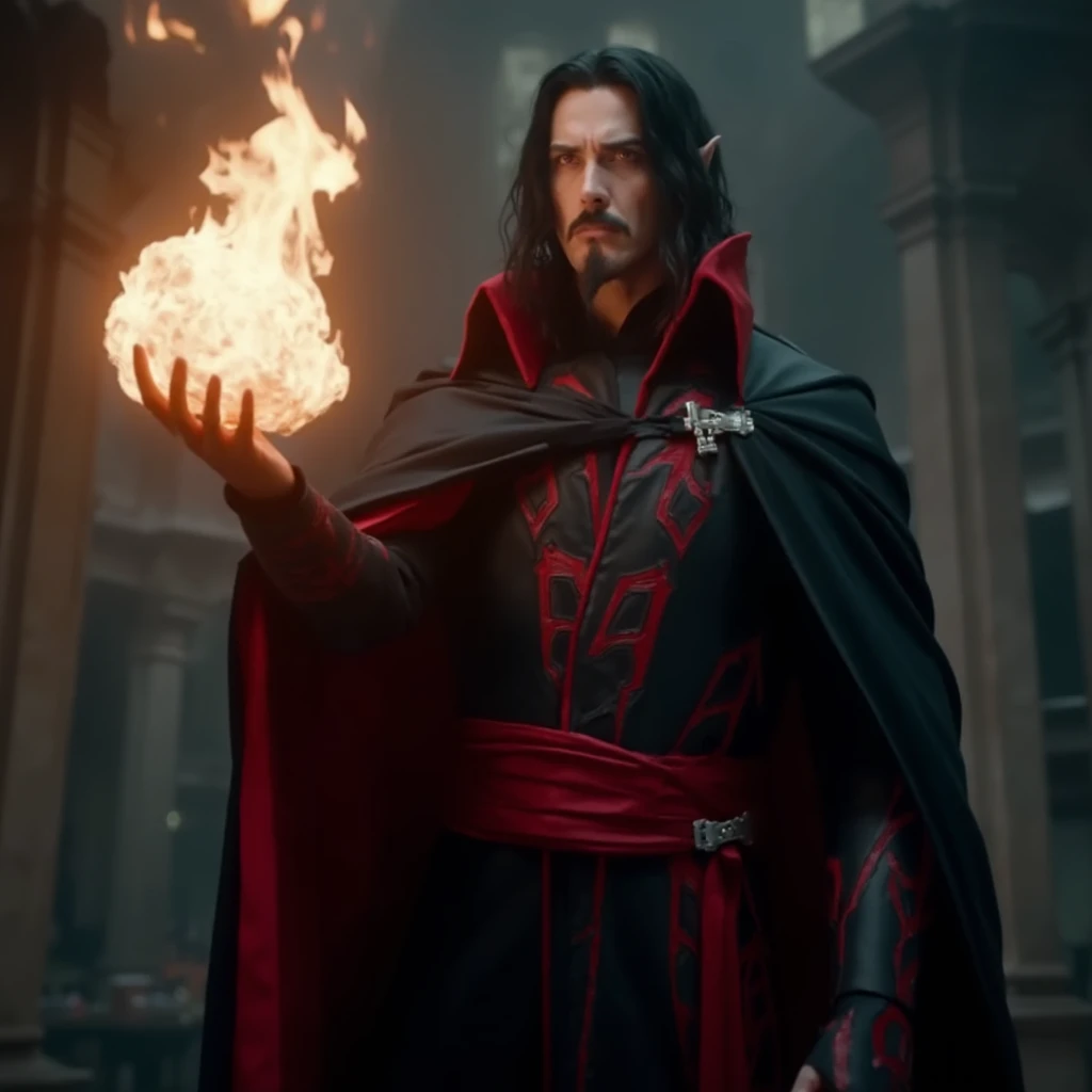 - Dracula conjures a ball of fire in his hand, ready to unleash his magic upon an enemy. <lora:dracula_v2:1.3> From a low angle. film scene from Denis Villeneuve. Cinematography. Moody atmosphere.  Dracula is seen with his long black hair cascading around his pointed ears, his red eyes and groomed mustache and pointed goatee contrast his pale skin. He is wearing a smooth black cloak with a metal clasp with a chain.  The tall, blood-red angular  turned down collar of his cloak stands prominently around his neck, providing a sharp contrast to the dark, flowing fabric of his attire.  On his forearms he wears black bracers with red accents. He wears a red sash around his waist. Beneath the cloak, glimpses of red patterns on his dark outfit are just visible, complementing the overall color scheme.  <lora:flux_realism_lora:1>