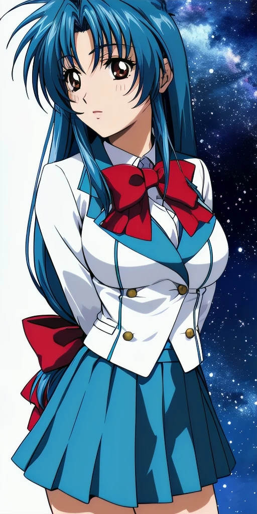 <lora:ChidoriV2:0.7> kaname_chidori_low-tied_long_hair, huge_breasts, standing, solo, arms_behind_back, starry_sky, red_hair_bow, blazer_aqua_plaid_skirt_red_bowtie, masterpiece, best_quality, detailed_face, detailed_eyes, highres, beautiful, detailed, absurdres,