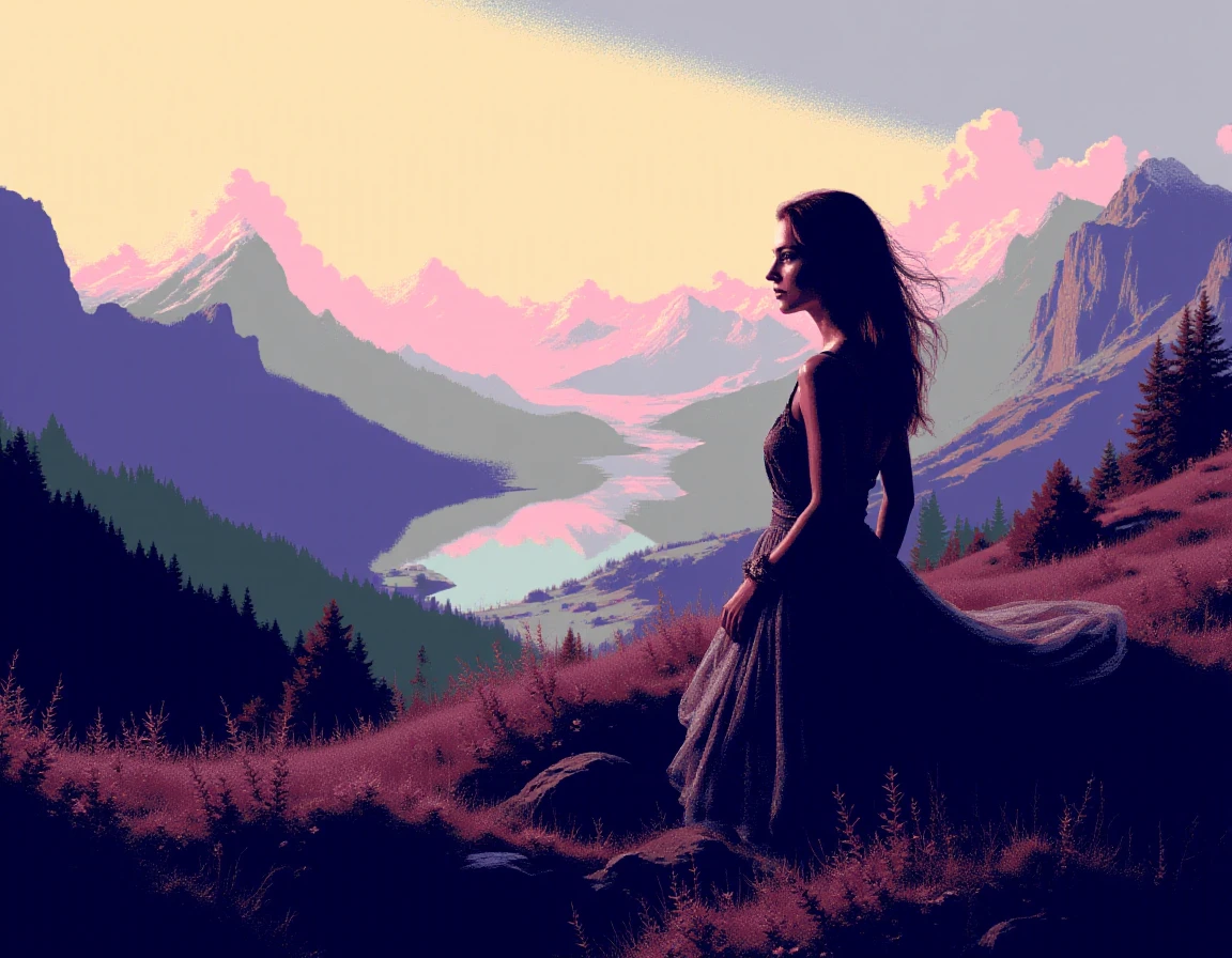 landscape, scenery, silhouette, woman, 
oldschool rpg style, <lora:Dithered_Oldschool_Roleplaying_Game_CG_Style:1>