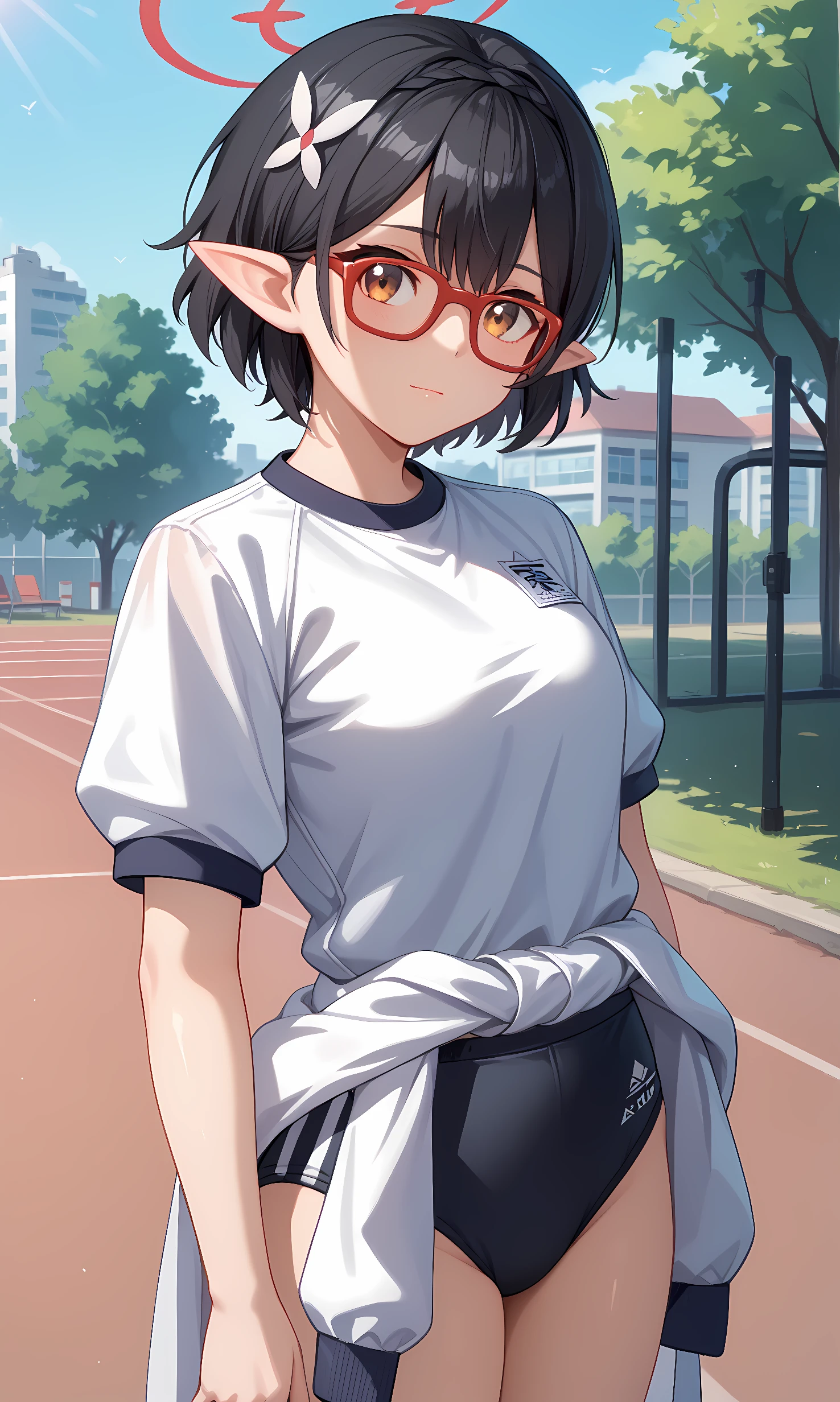 score_9, score_8_up, score_7_up, source_anime, 1girl, solo, outdoors, park, cowboy shot, standing, looking at viewer, shiny skin, okusora_ayane, brown eyes, black hair, short hair, pointy ears, hair ornament, halo, glasses, white shirt, short sleeves, track jacket, jacket around waist, gym uniform, black buruma