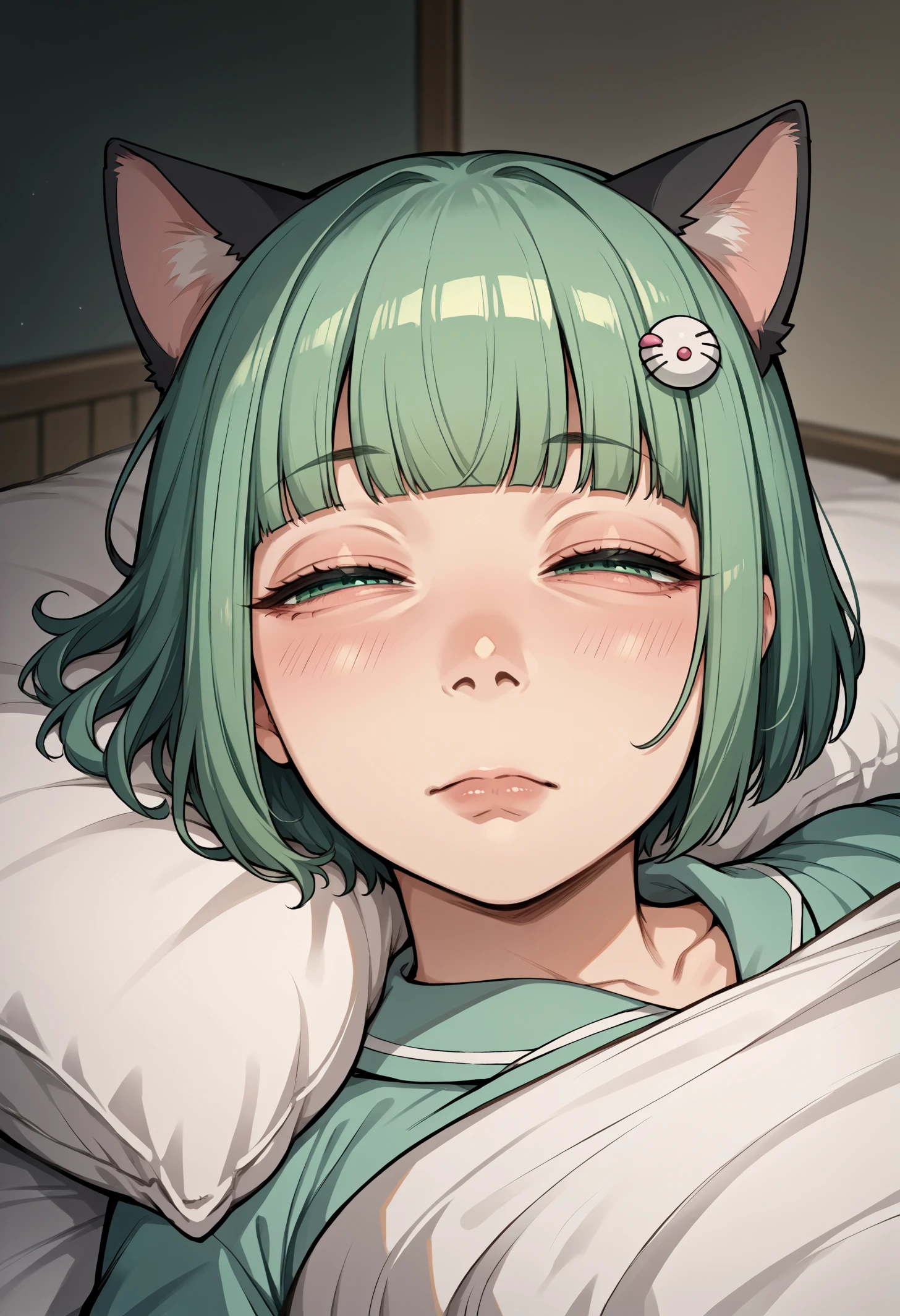 score_9, score_8_up,score_7_up, source_anime, 1girl, solo, lmwkp, half-closed eyes, pillow, on back, lying, on bed, 
upper body,
cat ears, mesugaki, short hair, bob cut, sidelocks, blunt bangs, mint-green hair, cat hairpin,
<lora:lmwkp_pdxl_EliPot:1>