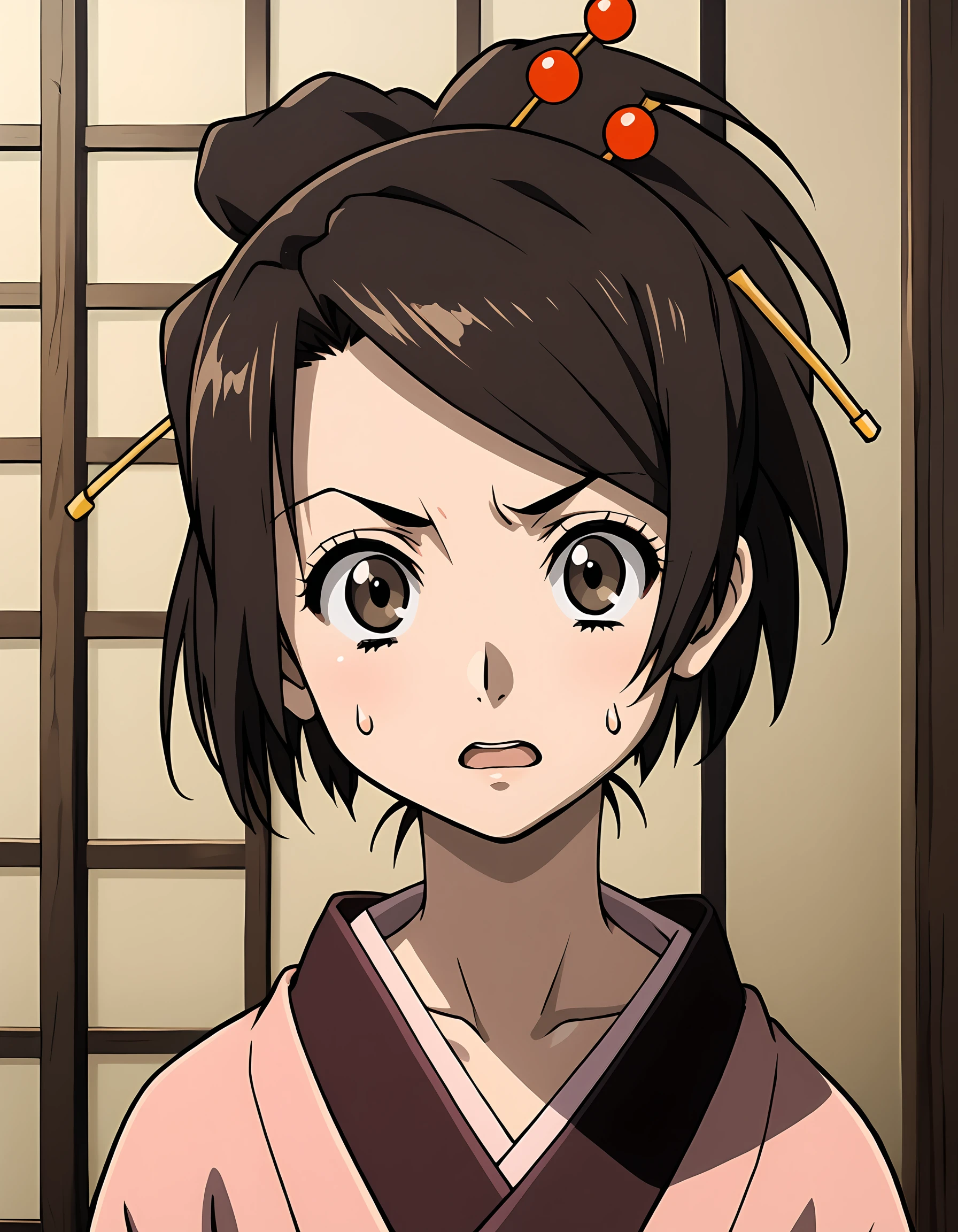 <lora:Fuu Samurai Shamploo:1> Fuu, 1girl, hair ornament, japanese clothes, hair stick, kimono, collarbone, open mouth, sweatdrop, upper body, looking at viewer, short hair, portrait