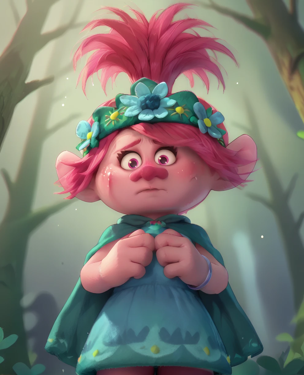 score_9,score_8_up,score_7_up,
qpoppyxl,pink hair,ponytail,pink eyes,solo,
cape,from below,nervous,
bracelet,hair flower,head wreath,dress,
forest,night,<lora:QueenPoppyXL>,