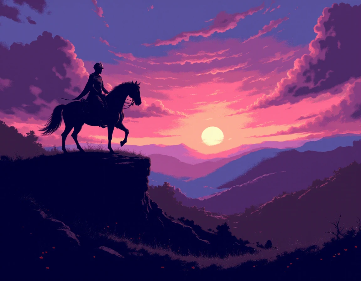 landscape, scenery, silhouette, knight, evening, sunset, clouds
oldschool rpg style, <lora:Dithered_Oldschool_Roleplaying_Game_CG_Style:1>