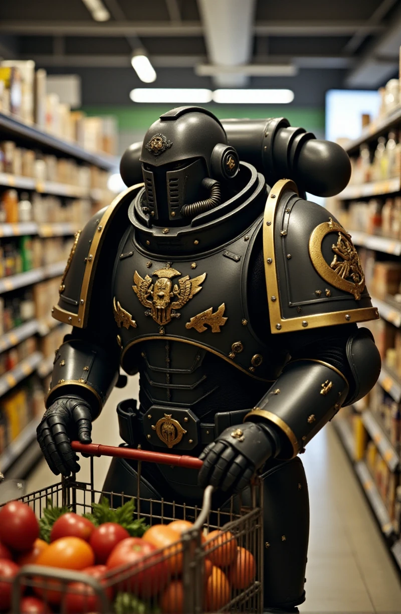 a space marine. he wears an armor and has the text "CIVITAI" carved in his armor. he is shopping in a grocery store <lora:Space_Marine:0.9>