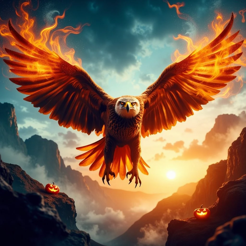 <lora:HalloweenGlowStyleFlux:1>HalloweenGlowStyle orange themed Soaring eagle, golden feathers, deep blue sky, majestic, fierce, talons extended, wind blowing, mid-flight, awe-inspiring, wilderness, rocky cliffs, vibrant sunset, warm colors, dramatic lighting, raw emotion, powerful wings, motion blur, intricate details, masterpiece