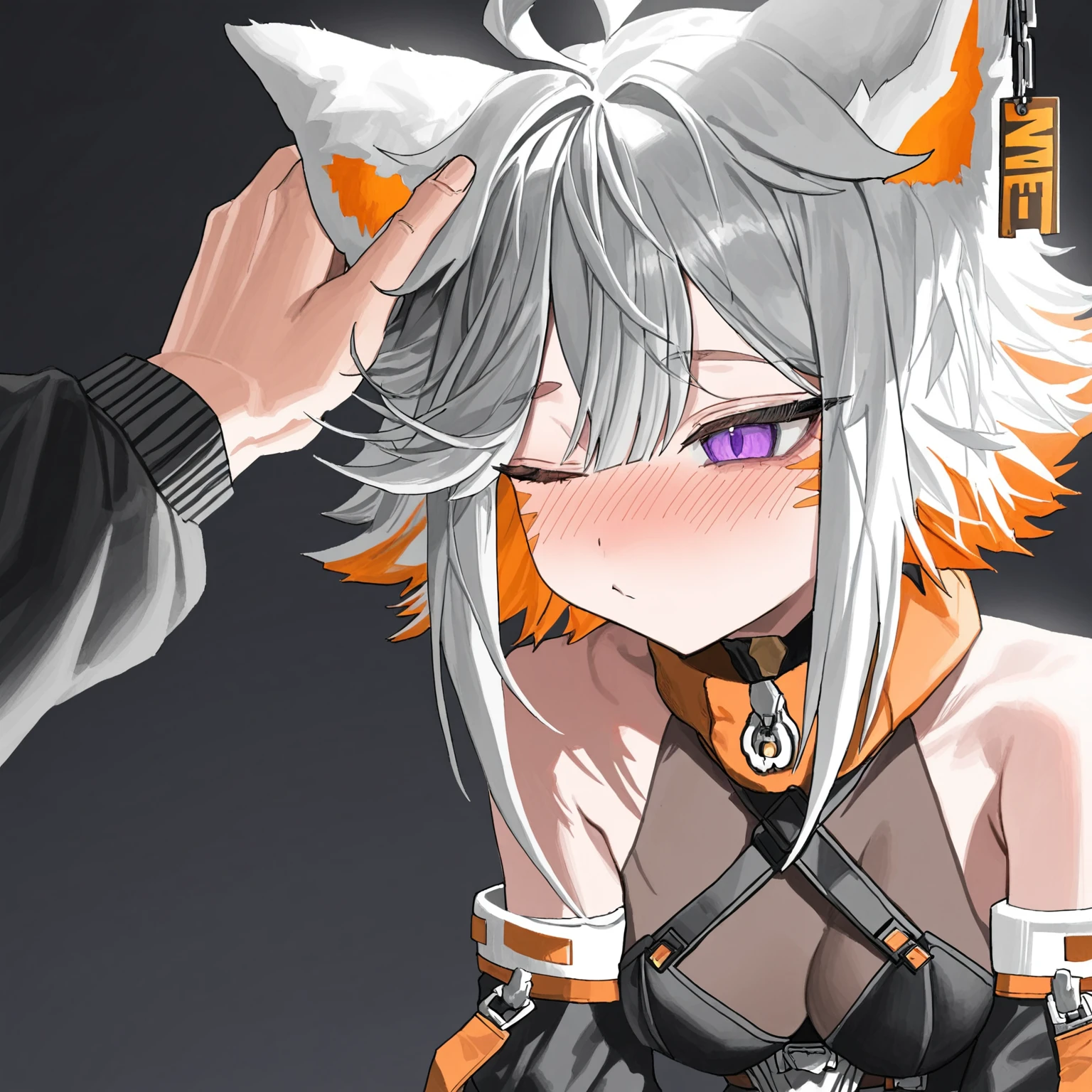 best quality, masterpiece, (quasarcake:0.9), (freng:0.8), silvertsuki, (hara kenshi, anteiru:0.9), official art, deme \(vtuber\), deme \(2nd outfit\), ahoge, white hair, orange hair, multicolored hair, short hair, purple eyes, black background, upper body, headpat, one eye closed, (puffy cheeks:0.3), nose blush, limited palette, cat ears, ear tag, detached sleeves, halterneck, bodystocking, bare shoulders, soft_lighting, leaning forward, pov hands, <lora:Deme_for_IllustriousXL01:1>