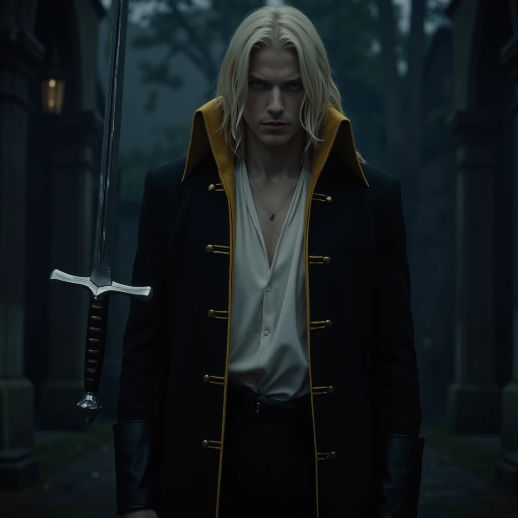 film scene from Denis Villeneuve. Cinematography. Moody forest atmosphere. Alucard stands tall and composed with his long blonde hair, his sharp gaze focused forward, while his long sword floats straight up and down in mid-air beside him. His golden-trimmed black coat with yellow collars drapes elegantly over the white drawstring tunic beneath, highlighting his poised, confident stance. The deep shadows from the gothic surroundings create an ominous atmosphere, with subtle details of the architecture looming in the background, adding to the intensity of the moment. His yellow eyes gleam. <lora:alucard_v1:1.4>