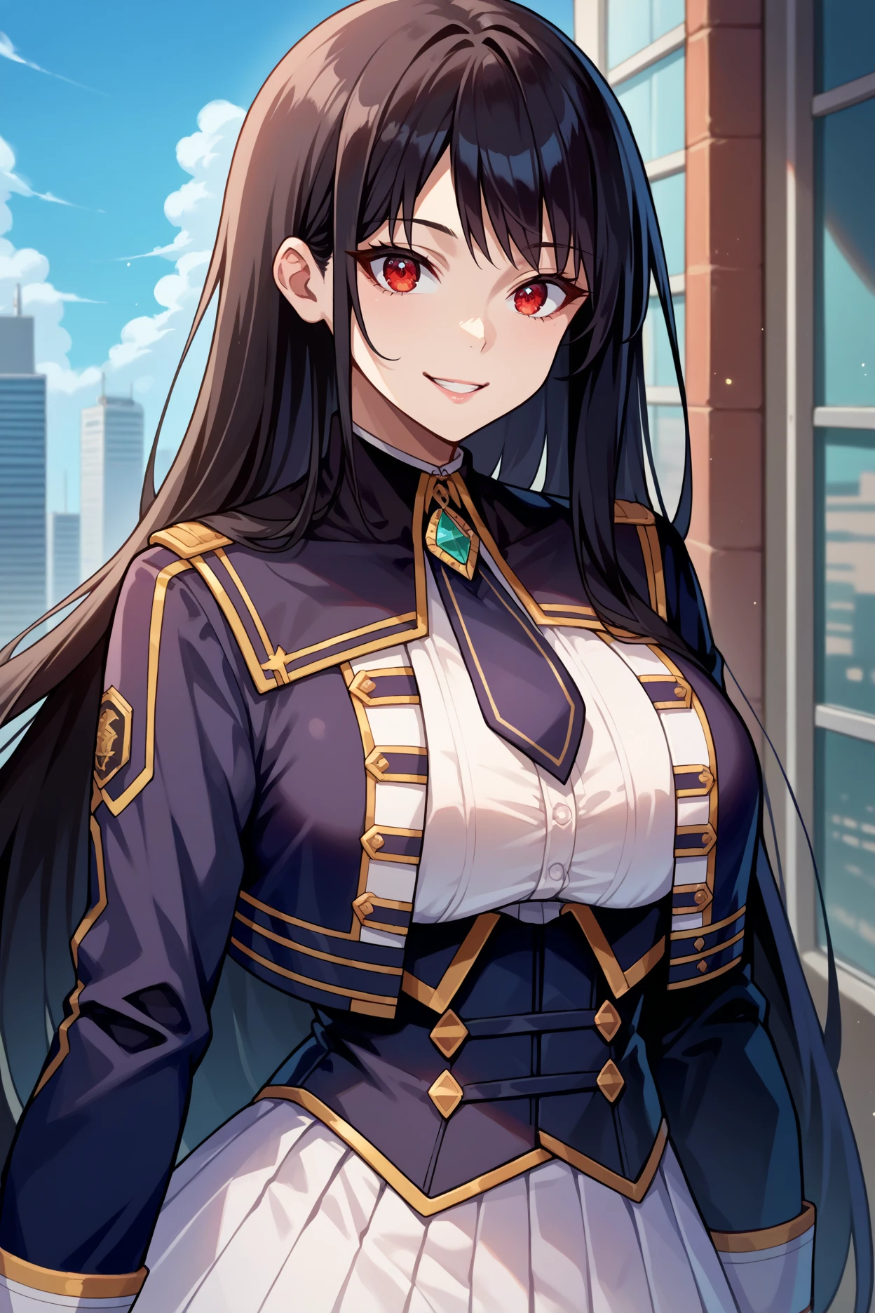 score_9, score_8_up, score_7_up, score_6_up, source_anime, 1girl, solo, <lora:clairekagenou-pdxl-nvwls-v1-000005:1> kagenouclaire, black hair, long hair, red eyes, black jacket, black necktie, white shirt, corset, white skirt, pleated skirt, big breasts, upper body, smile, portrait, blue sky, city, looking at you