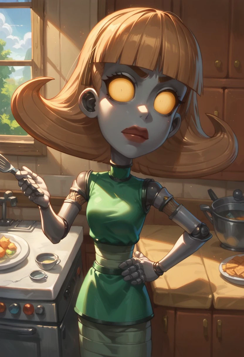 Score_9_up, score_8_up, score_7_up, BREAK, high quality, Expressiveh, dynamic angle, 1girl, maternotronjm, brown hair, yellow eyes, robot, green dress, hand on hip, kitchen, solo