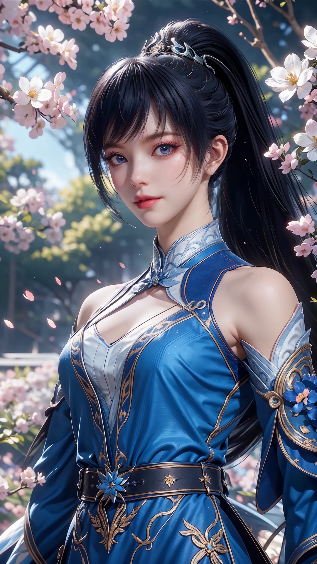 masterpiece,best quality,official art,extremely detailed CG unity 8k wallpaper,[light rays],light particles,CG,8K,
1girl,ponytail,solo,dress,black hair,hair ornament,long hair,blue dress,upper body,clothing cutout,looking_at_viewer,(the blue flowers:1.1),cherry blossoms,full moon,
<lora:ç»èå¶é :0.2>,<lora:è´¨æ:0.6>,<lora:å°æ¸æ°:0.5>,<lora:å¹»å:0.5>,<lora:åé:0.7>,