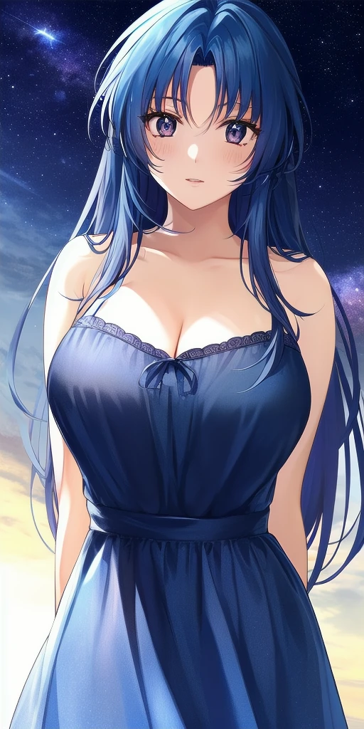 <lora:ChidoriV4:0.7> kaname_chidori_low-tied_long_hair, huge_breasts, standing, solo, arms_behind_back, starry_sky, red_hair_bow, sundress, masterpiece, best_quality, detailed_face, detailed_eyes, highres, beautiful, detailed, absurdres,