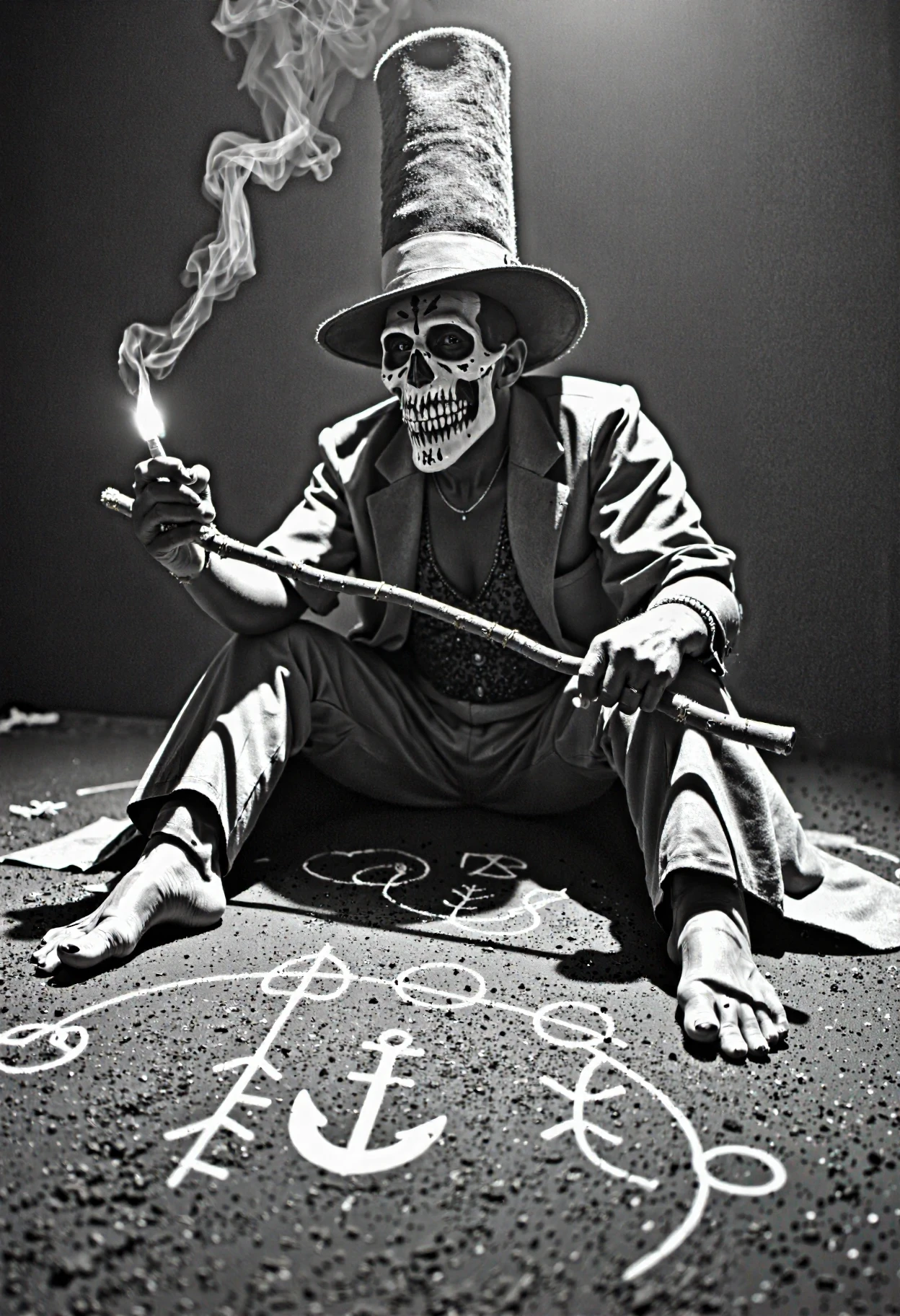 baron_samedi,An intense black-and-white photo of Baron Samedi performing a voodoo ritual. He holds a cane and a lit cigar, his skeletal face makeup glowing faintly under the moonlight. The ritual scene is bathed in dark shadows, with symbols drawn in the dirt around him.