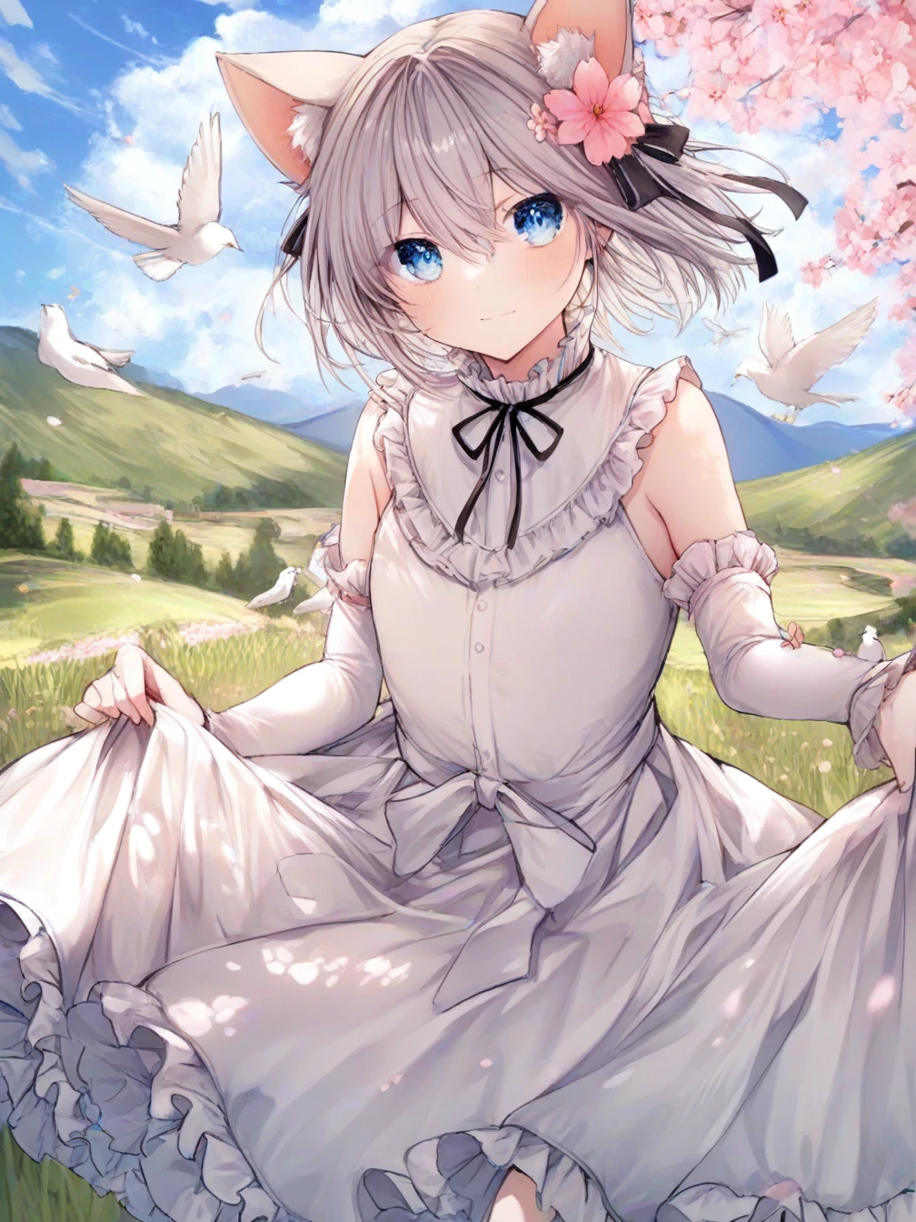 1girl,solo,cherry blossoms,hair flower,pink flower,hair ribbon,cat ears,animal ear fluff,grey hair,short hair,bangs,blue eyes,hair between eyes,eyebrows visible through hair,blush,neck ribbon,white dress,frilled collar,medium dress,petticoat,detached sleeves,flat chest,
skirt hold,floating hair,standing,light smile,looking at viewer,
cloud,sky,blue sky,bird,outdoors,cloudy sky,day,white bird,landscape,grass,
front view,close up,
<lora:ill-xl-01-Noyu_1-000036:1>,