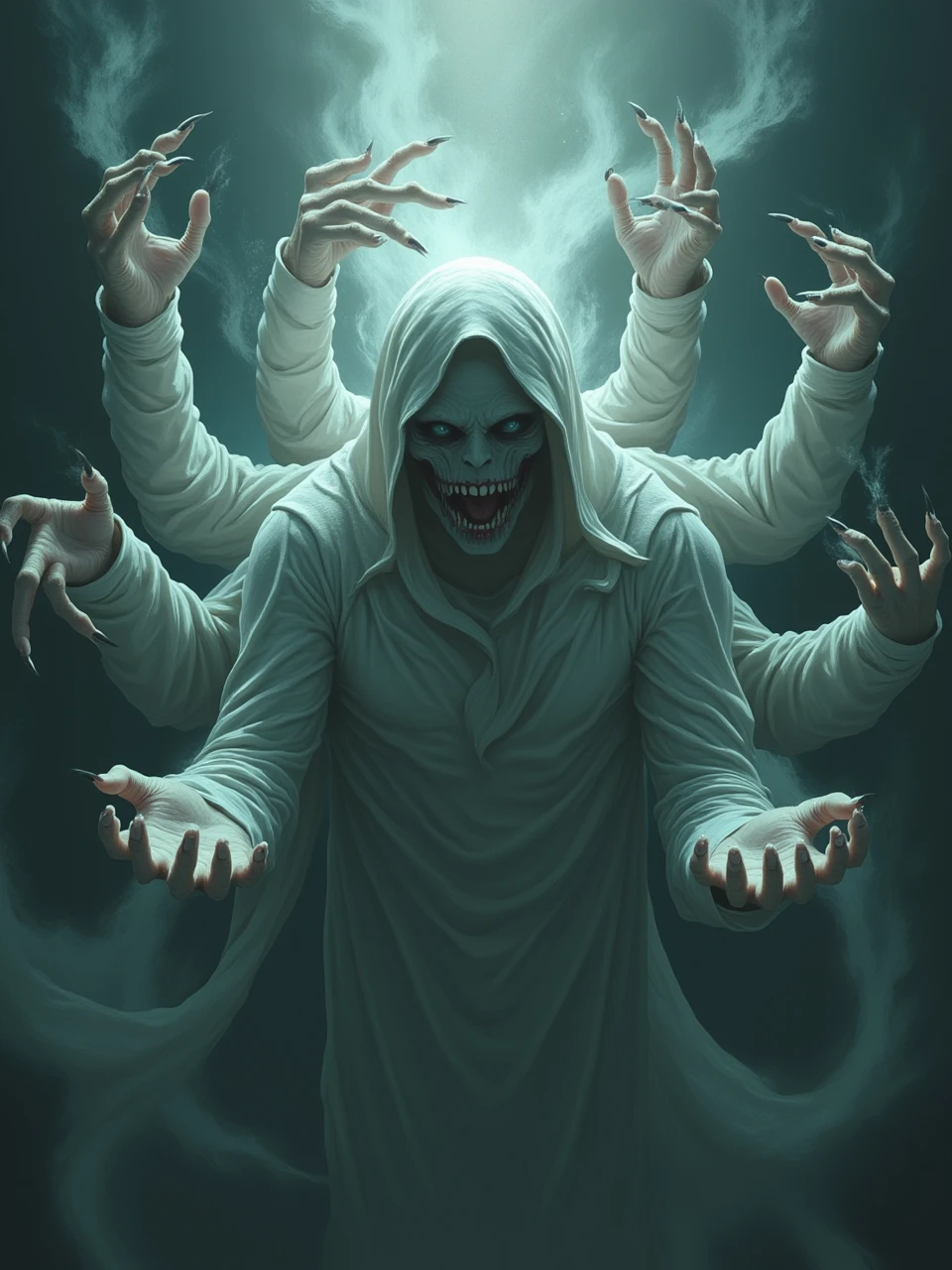 papiyan,dynamic_pose of a horror ghost has multiple arms,Reaching out towards the viewer with sharp claws, and floating in air