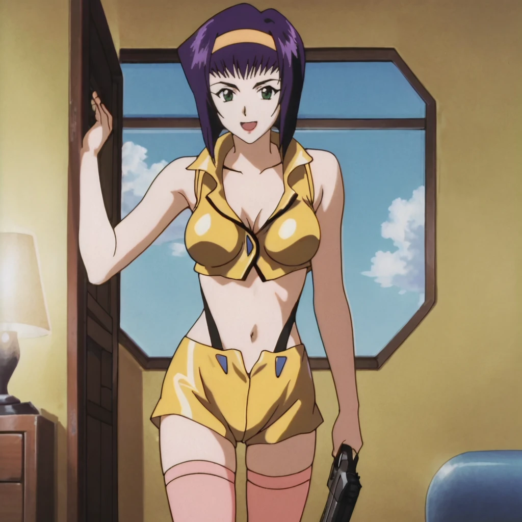 <lora:fayecowboybebop_pony_v1:.75> FayeNoJacket, thighhighs, purple hair, 1girl, midriff, yellow hairband, crop top, navel, shorts, short hair, breasts, cowboy shot