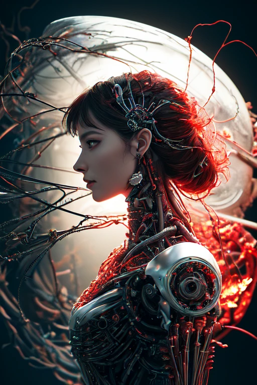 8K, fire ,red, flame,,explosion, , highly detailed, a beautiful ultra detailed of a beautiful profile, biomechanical cyborg,deamon 1mechanical girl,((ultra realistic details))woman with all ruby red dress, fantasy,, fantasy, intricate, elegant, highly detailed, , sharp focus, illustration,red black hole, MCSkin complex 3d render ultra detailed of a beautiful profile, biomechanical cyborg, analog, 150 mm lens, beautiful natural soft rim light, big leaves and stems, roots, fine foliage lace, colorful details, samourai, Boris Bidjan Saberi outfit, pearl earring, piercing, art nouveau fashion embroidered, intricate details, mesh wire, mandelbrot fractal, anatomical, facial muscles, cable wires, microchip, badass, hyper realistic, ultra detailed, octane render, volumetric lighting, 8k post-production, red and white with a bit of black, detailled metalic bones, semi human, iridescent colors, Glenn Brown style, white room,(art by David Sims:1.3),,<lora:LowRA:.9>dark theme