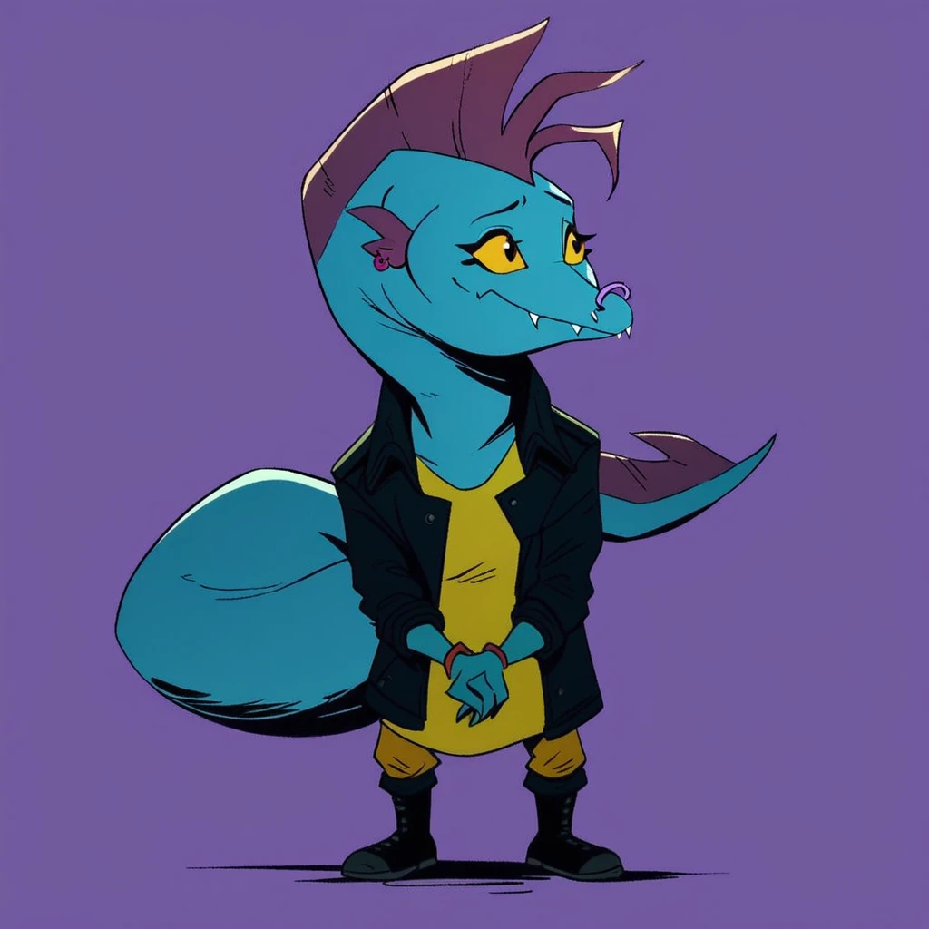 score_9,score_8,score_7,lee_eel_tmnt, lee_eel, fish girl, eel girl, 1girl, solo, jacket, purple background, simple background, black jacket, yellow eyes, furry, boots, black footwear, yellow sclera, pants, tail, full body, colored sclera, open clothes, shirt, standing, 1girl, smile, own hands together,