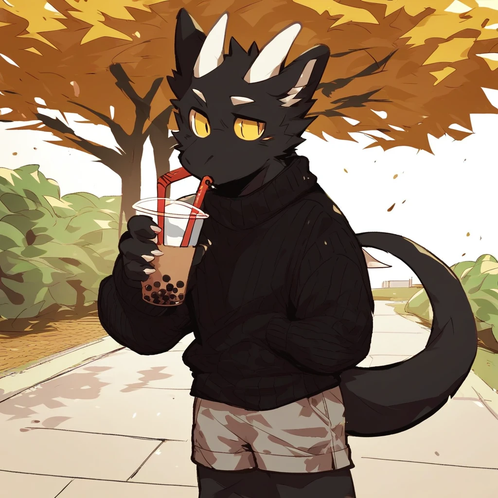 score_9_up, score_8_up, score_7_up, source_furry, mikus-style, black dragon, black body, white horns, yellow eyes, park, holding, bubble tea, black sweater, gray shorts, 1boy, solo