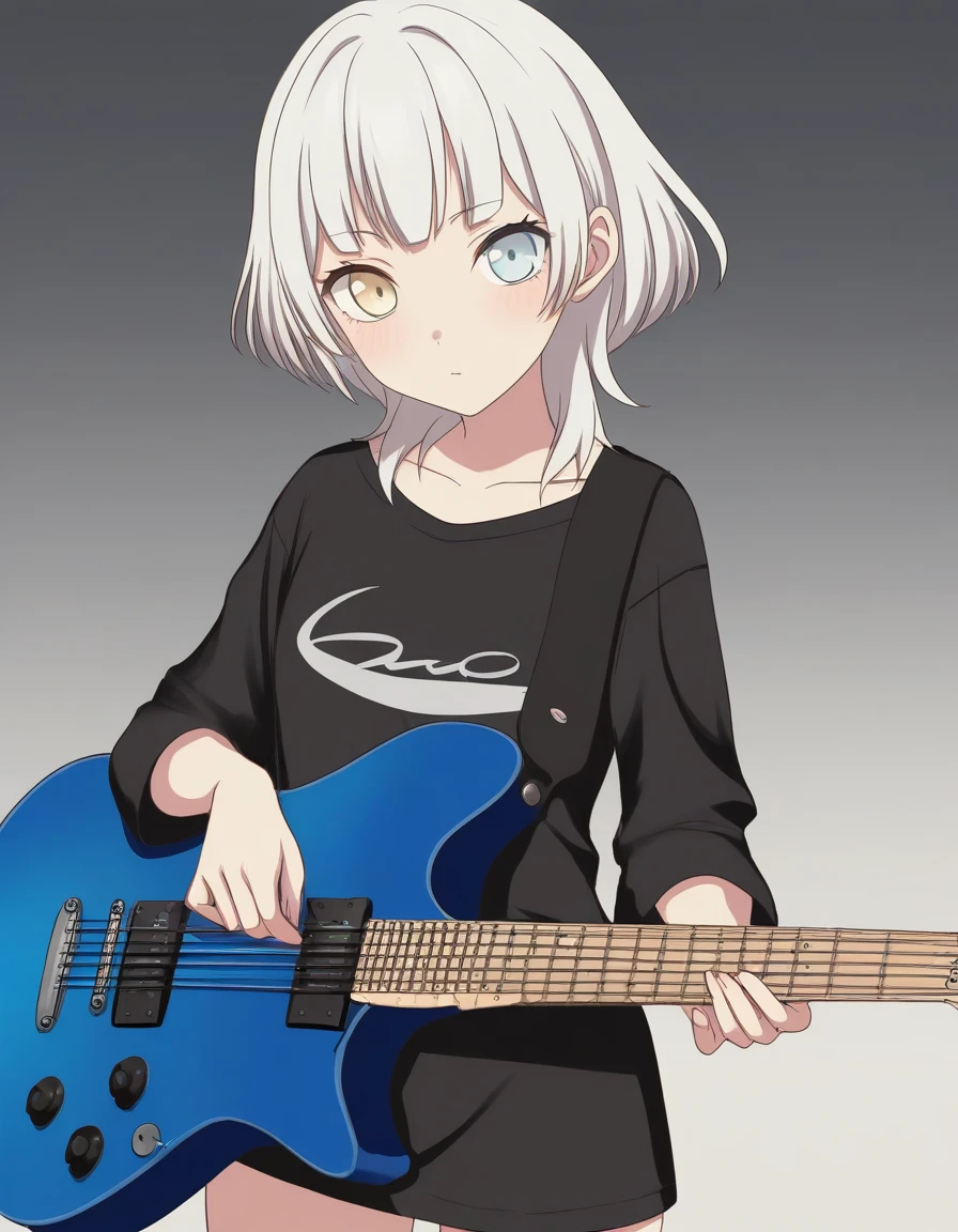 kaname raana, white hair, heterochromia, 1girl, solo, looking at viewer, cowboy shot, <lora:kaname_raana_IlluXL:1>, grey background, gradient background, black shirt, dynamic pose, playing instrument, electric guitar,, best quality, masterpiece,highres,