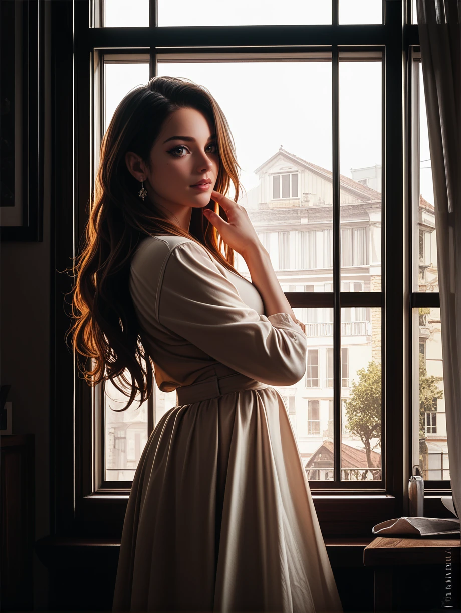 score_9, score_8_up, score_7_up, realistic, 
8k, RAW Editorial Photo,
female, long hair, standing, near window, diffused lighting, mood lighting,  <lora:add-detail-xl:1.3>