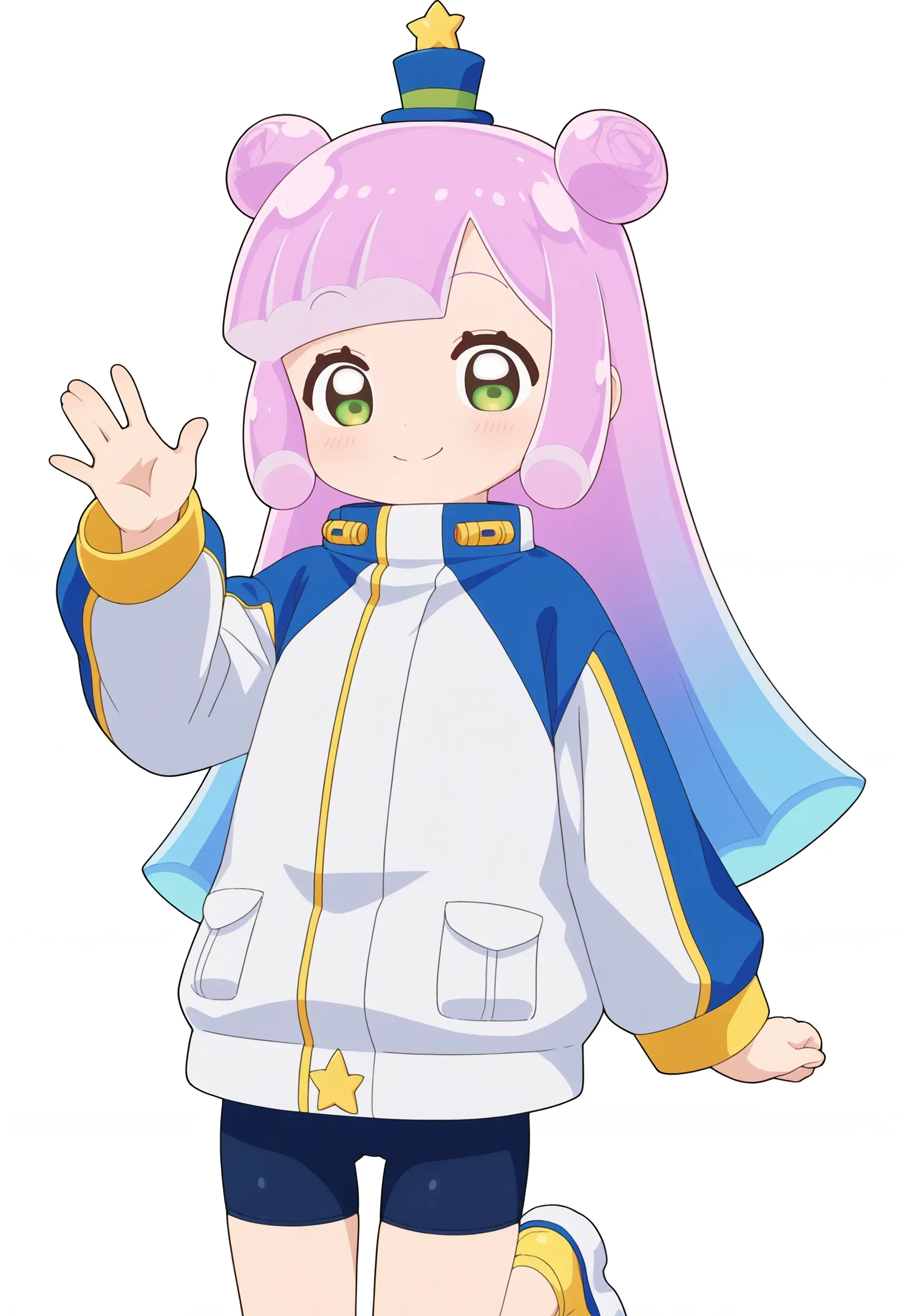 1girl, puniru \(puniru wa kawaii slime\), pink hair, blue hair, multicolored hair, double bun, long hair, green eyes, mini hat, jacket, black bike shorts, yellow shoes, platform footwear, 
little smile, closed mouth, looking at viewer, standing, cowboy shot, looking at viewer, hand up, waving, white background, 
masterpiece, best quality, absurdres, unity 8k wallpaper, official art, official style, source_anime, uncensored, anime screencap, anime coloring, (ai-generated:0.6) <lora:PKS-puniru_XL(ill)v10:1>