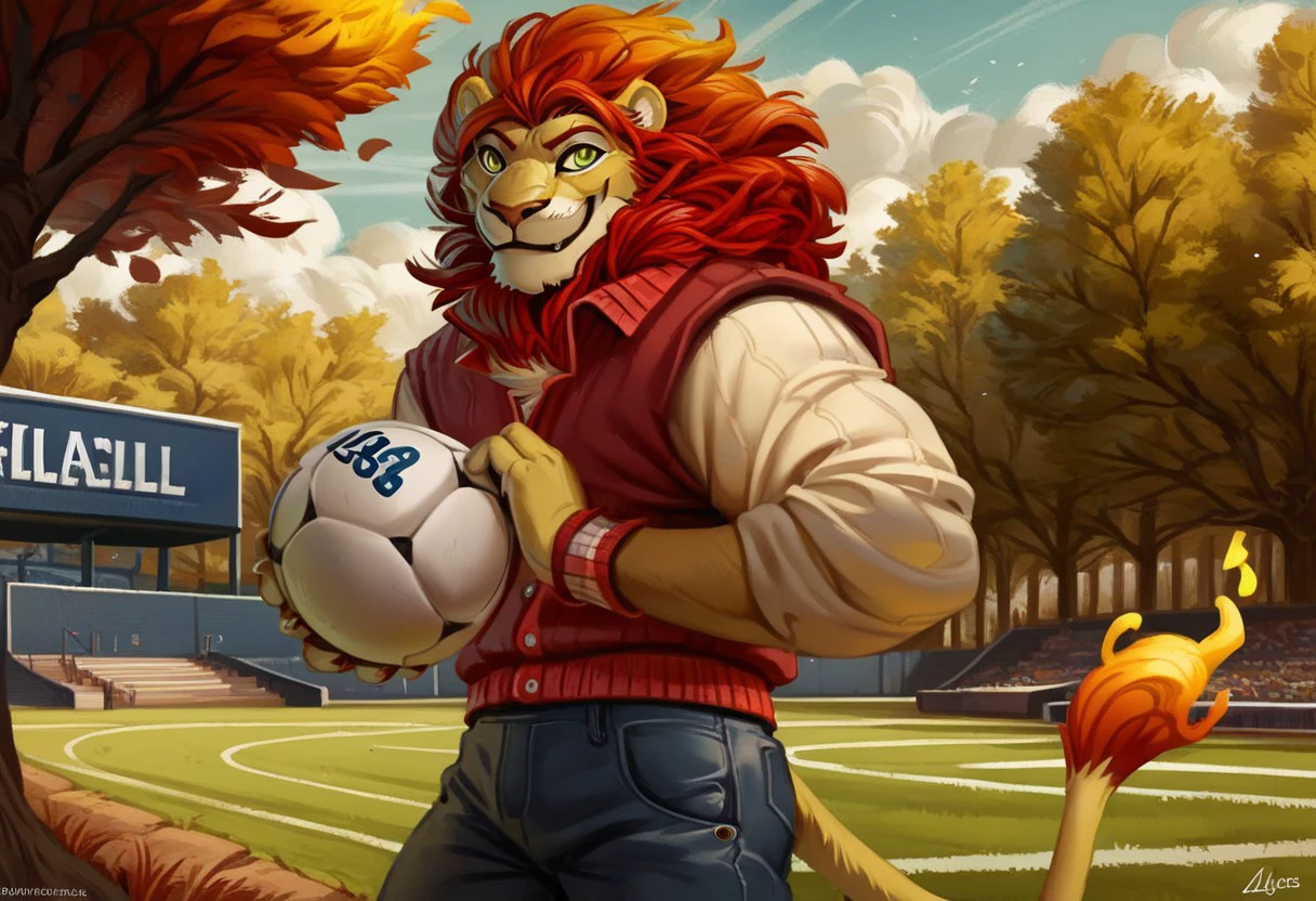 score_9_up, score_8_up, score_7_up, anthro, source_furyr, zetterburnLovers, lion, furry, mane, yellow fur, red mane, red hair, flame-tipped tail, solo, letterman jacket, jeans, holding football, holding american football, smile, looking forwards, throwing, outdoors, field, park, football field