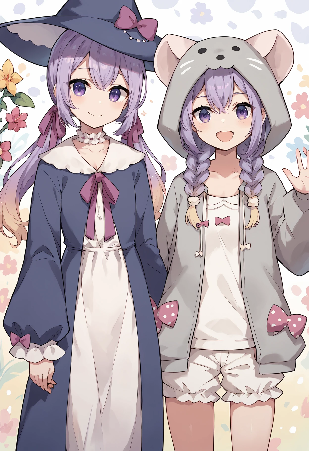 score_9, score_8_up, score_7_up
2girls, standing, flower background, looking at viewer, smile
ADDCOMM
1girl, Hanamori-Natsumi, purple hair, gradient twintails, witch hat, hat bow, purple cloak, white dress, choker, neck ribbon, hair ribbon, sleeve bow, <lora:Hanamori-Natsumi-m4-000005:0.8> ADDCOL
1girl, Hanamori-Natsumi, purple hair, twin braids, grey hoodie, animal hood, white shirt, puffy shorts, white shorts, (polka dot bow), open mouth, :d, waving <lora:Hanamori-Natsumi-m4-000005:0.8>