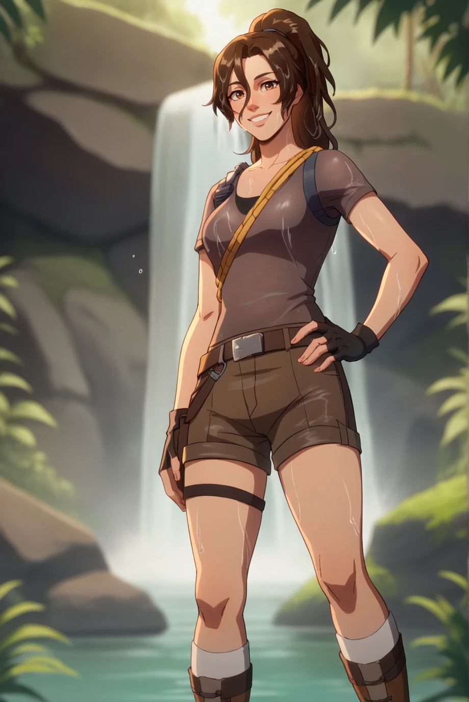 score_9, score_8_up, score_7_up, score_6_up, score_5_up, score_4_up, BREAK source_anime, 1girl, solo,
<lora:LaraCroftXL-v1-07:0.8>, ChopioLara, brown hair, brown eyes, looking at viewer,
long hair, high ponytail, hair between eyes, hair tie,
outfit_1, t-shirt, black undershirt, short sleeves, fingerless gloves, black gloves, brown belt, brown shorts, thigh strap, thigh pouch, white socks, boots, brown footwear,
radio, rope,
outdoors, jungle, boulder, under waterfall, standing, hand on own hip, smile, light rays, bokeh, wet hair, wet clothes, wet skin, depth of field, blurry,