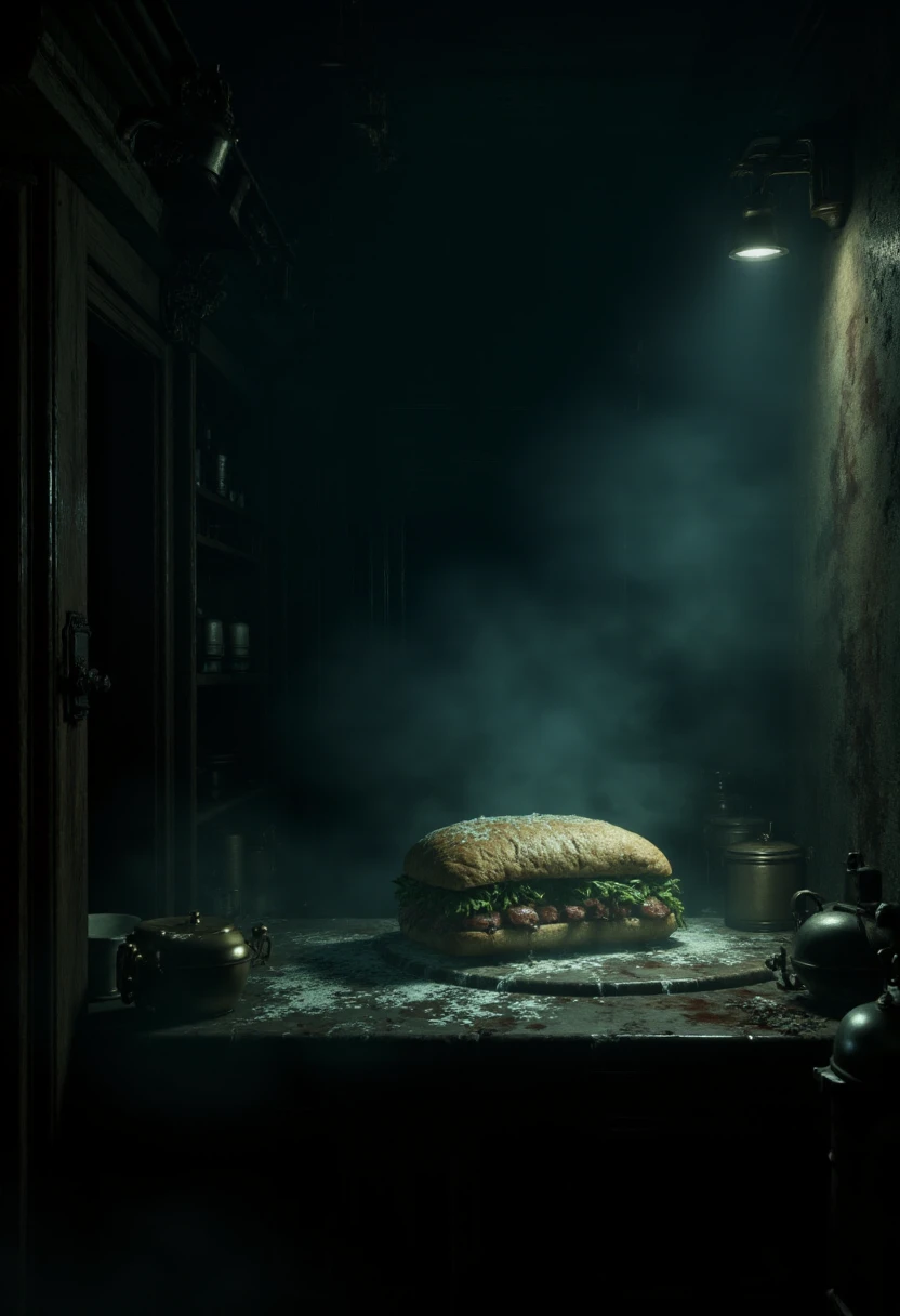 <lora:KFT_Horror_Style_FLUX:0.9>
horror theme, dark, 
 a delicious looking sandwich in a kitchen