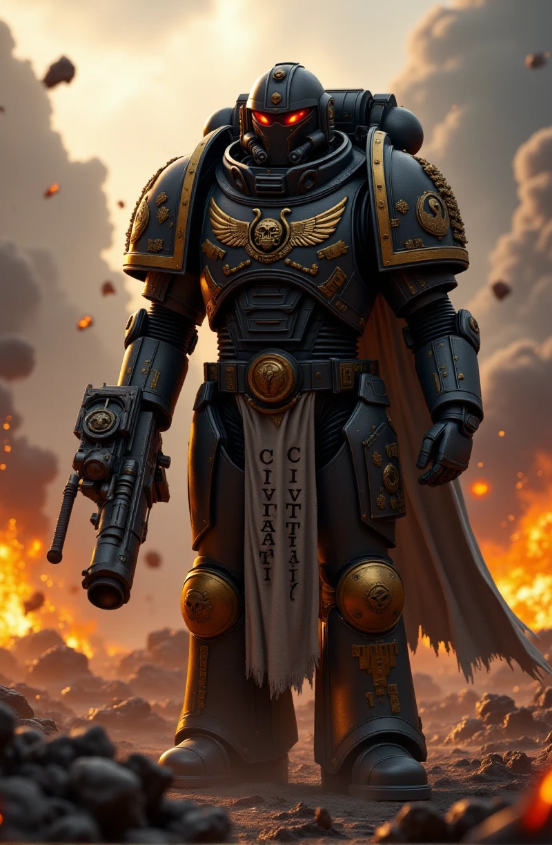 a space marine. he wears an armor with helmet and has the text "CIVITAI" carved in his armor. he is in a battlefield. Explosions, fires and smoke <lora:Space_Marine:0.9>