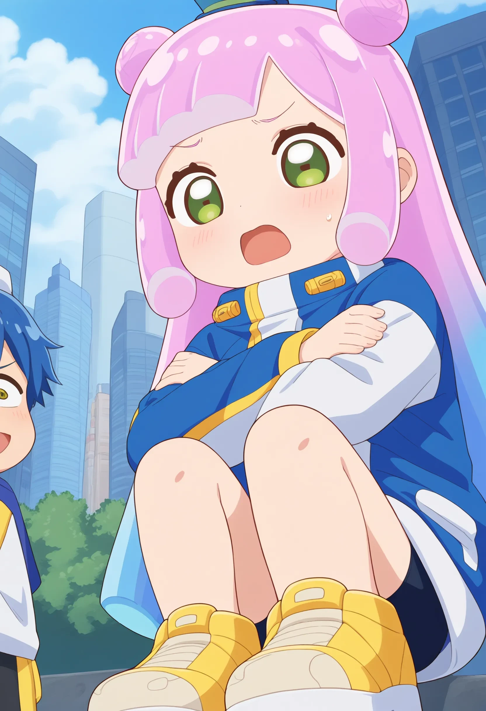 1girl, puniru \(puniru wa kawaii slime\), pink hair, blue hair, multicolored hair, double bun, long hair, green eyes, mini hat, jacket, black bike shorts, yellow shoes, platform footwear, 
crossed arms, upper body, looking at viewer, Fearful, Wide-open eyes, a furrowed brow, and a slightly open mouth., solo, solo focus, outdoors, city, 
masterpiece, best quality, absurdres, unity 8k wallpaper, official art, official style, source_anime, uncensored, anime screencap, anime coloring, (ai-generated:0.6) <lora:PKS-puniru_XL(ill)v10:1>