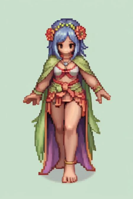 1girl, pixel art, 2D-HD style, isometric view, Ragnarok Online inspired, Octopath Traveler lighting, slender build, small breasts, long blue hair, braided, amber eyes, simple background, transparent background, full body pose, standing 3/4 view, dress in green and brown, cloak in leaf patterns, barefoot, feather necklace, tribal mask, staff, casting spell pose, confident pose, detailed pixel shading, high contrast lighting, soft shadow underneath, 32-bit color palette, 256x256 resolution, crisp edges, no anti-aliasing, nature aura, troll tusks, tribal tattoos, spirit animals, flower crown, shape-shifting effects, dancing ribbons, underboobs,ROSprite, persistent, coherent, consistent ,ROSspriteEX