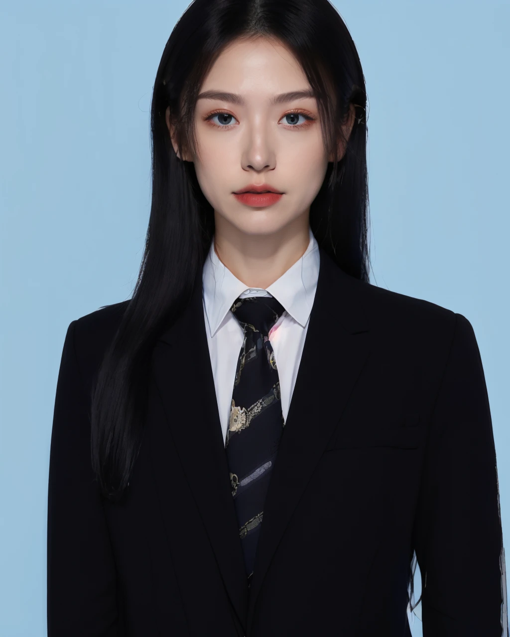 <lora:id photo:0.6>,blue id photo,[1girl],necktie,solo,black hair,black necktie,shirt,jacket,looking at viewer,(black jacket:1.3),formal,white shirt,collared shirt,(suit:1.2),upper body,(black suit:1.5),realistic,blue background,pure blue background,long hair,<lora:tianyun:0.75>,