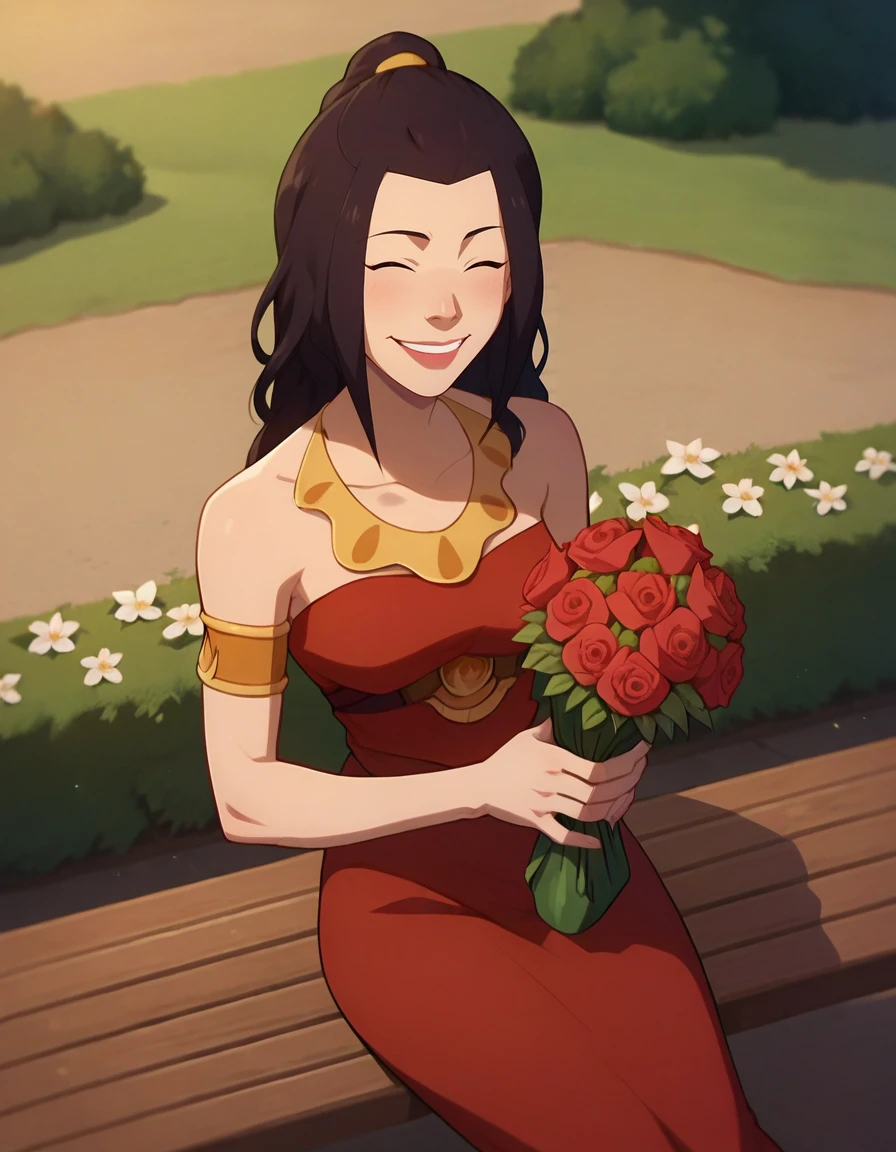 score_9, score_8_up, score_7_up,1girl, medium shot,  AzulaB,  Sitting on a park bench holding a bouquet of flowers with a smile of joy and gratitude., <lora:Azula Beach-000040:1>