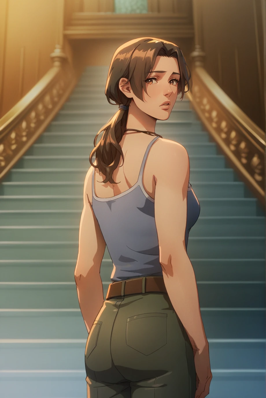 score_9, score_8_up, score_7_up, score_6_up, score_5_up, score_4_up, BREAK source_anime, 1girl, solo,
<lora:LaraCroftXL-v1-07:0.8>, ChopioLara, brown hair, brown eyes, looking at viewer,
long hair, low ponytail, hair tie,
outfit_2, necklace, tank top, brown belt, green pants,
indoors, mansion, stairs, standing, parted lips, <lora:Concept_Dark2:0.8>, dark, night, from behind, looking back,