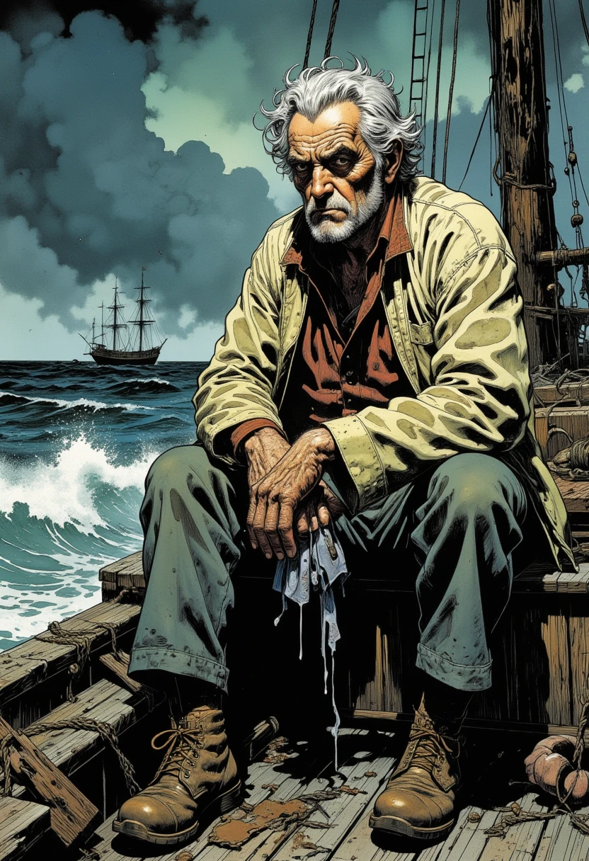 Comic book style, movie shot of 80 yo old male fisherman sailor man sitting on deck of old dilapidated wooden sailboat, stormy sea, gloomy dark clouds on background.