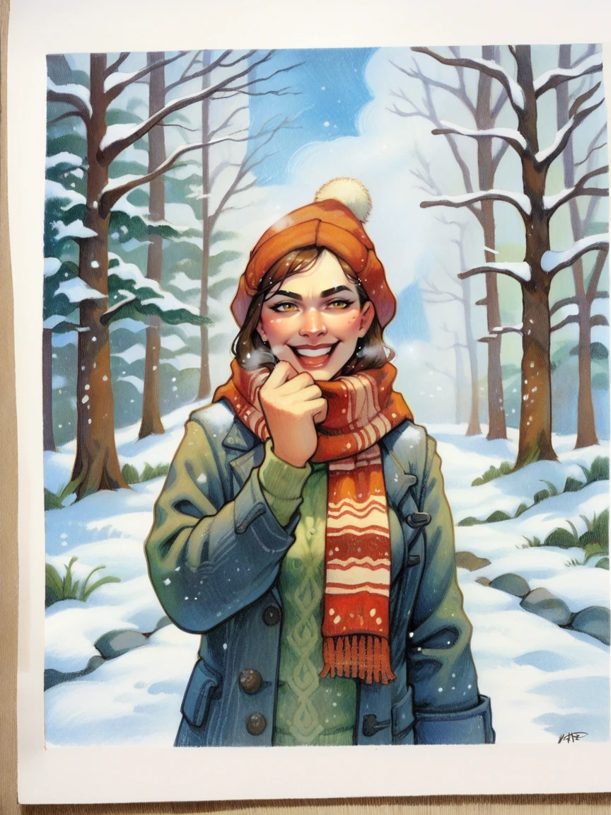 score_9, score_8_up, score_7_up, score_6_up, score_5_up,  <lora:TeresenielsenXLP:0.8> terese nielsen, traditional media, 1girl, sweater, snow, scarf, happy