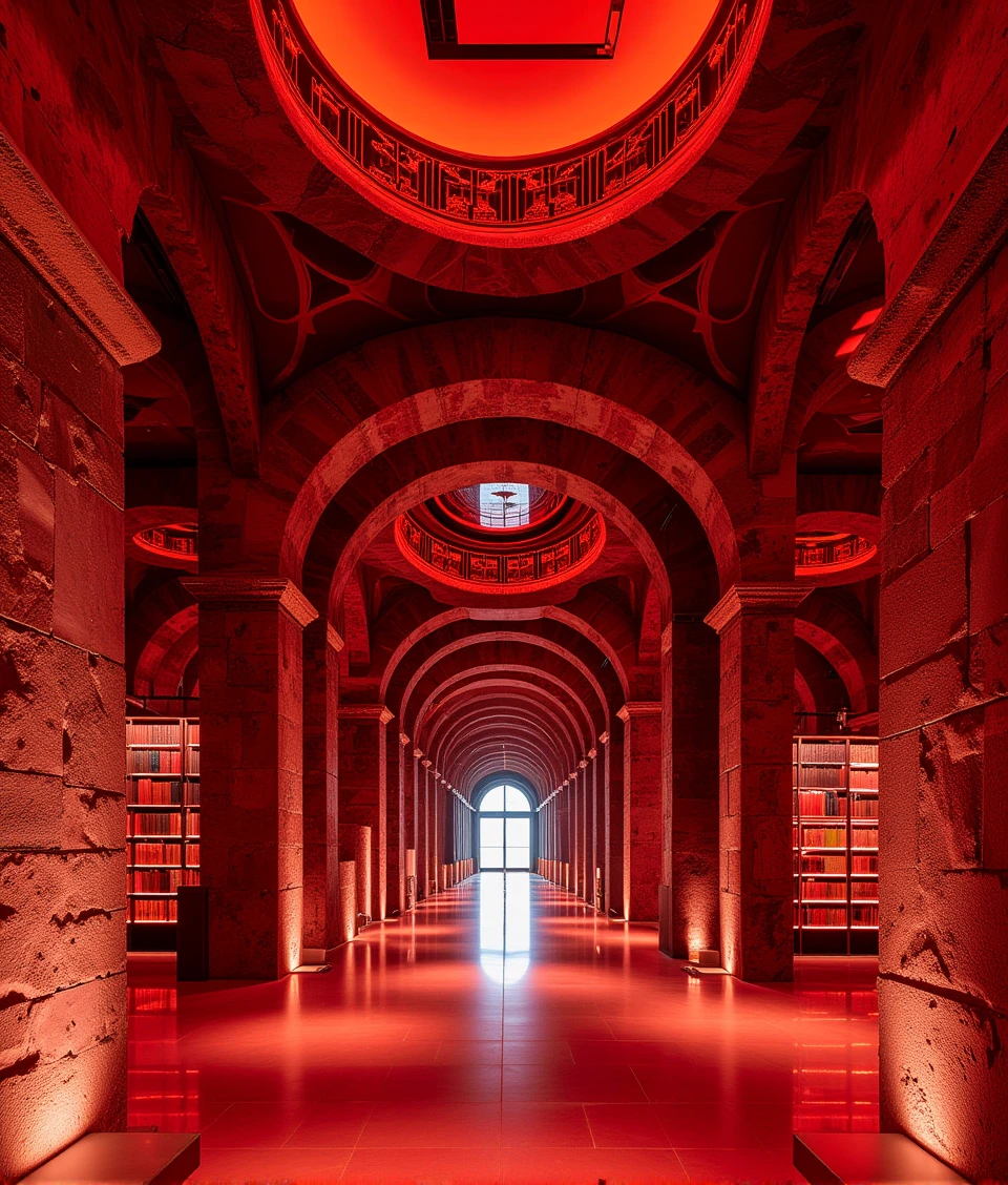 redinsidebylaushine,the massive huge and wide library space is embedded in an ancient intricate stone-made building,the libraty is made out of red reflection materials.The two materials are separated in the middle of walls,the library space is red mirror,the building space is brown rock.illumated by sunlight from arch windows.lots of books on the bookshelf around the walls,in the middle of the building,there is multiple chairs and desks displayed.Tiled floor is made up of crash rock and stone