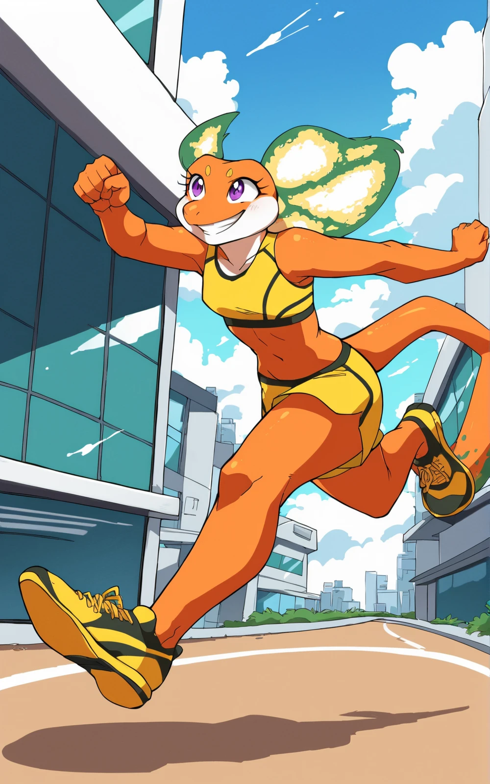 Raichu, (((masterpiece))), ((high resolution)), ((detailed portrait)), ((looking at viewer)), large orange ears, (orange raichu ears), brown clear eyes, orange body, athletic female body (female raichu tail), large boobs, (jogging (running towards camera):1.2), looking up at viewer, black sports bra, six  pack, green skintight shorts, black and green running shoes, smug grin (mouth closed and half closed bedroom eyes), white teeth with cute fang), head tilt, seductive gaze, :3, black triangle nose, sweaty, ((outside daytime, park, river in background))