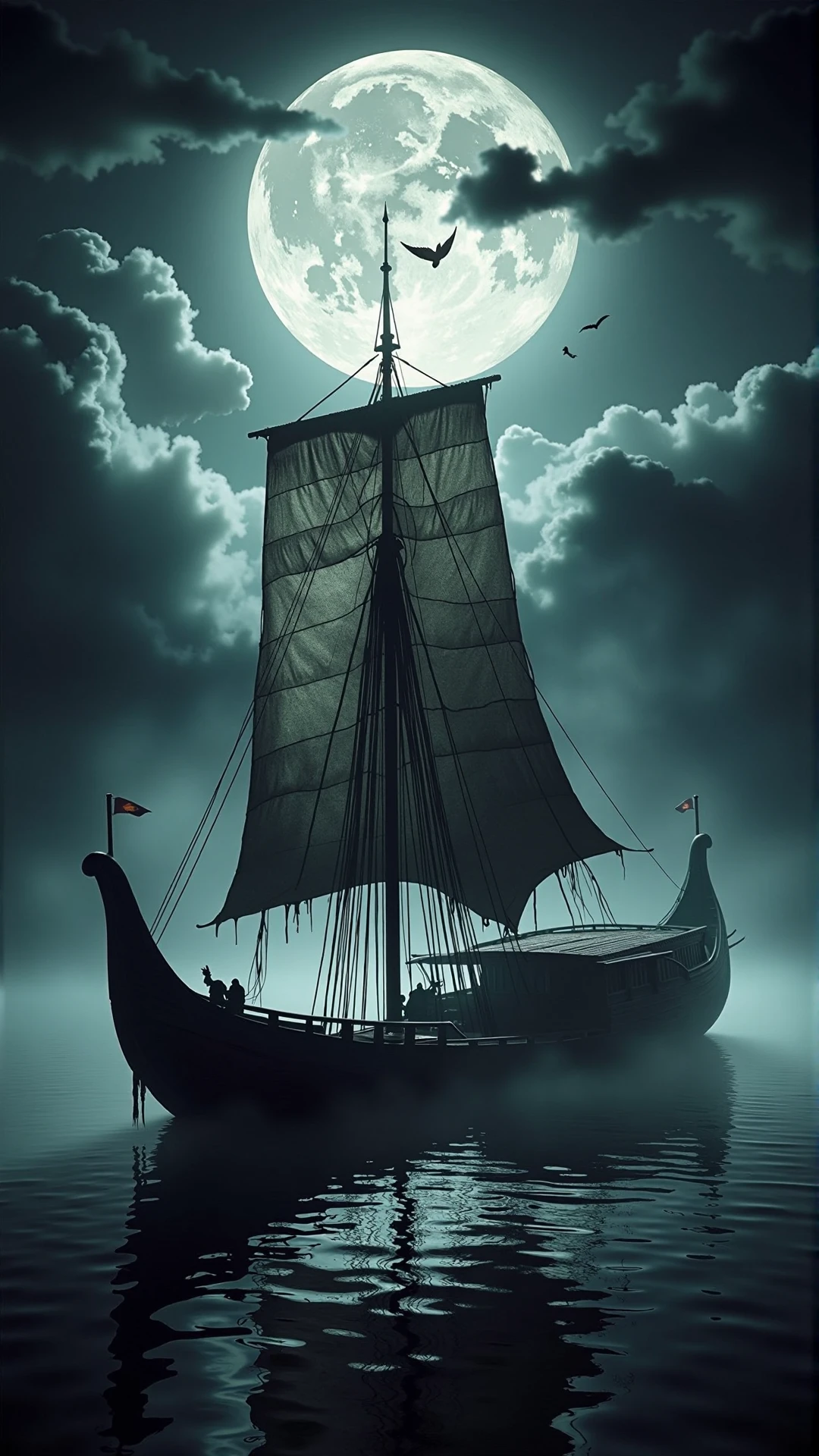 A realistic dark haunted cursed atmospheric photo of a traditional Chinese junk boat sailing on a river<lora:DarkmosphericFlux:0.65>