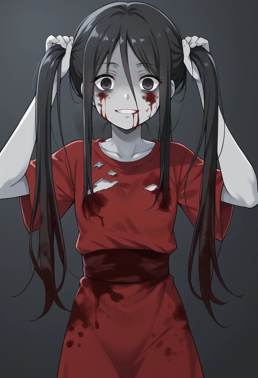 masterpiece, best quality, uncensored, source_anime, score_9, score_8_up, score_7_up, score_6_up, score_5_up, score_4_up, 1girl, solo, sachiko shinozaki, colored skin, grey skin. long hair, black hair, black eyes, red dress, torn clothes, blood, blood on face, blood on clothes, blood on body, bunching hair, twintails, yandere, evil <lora:SachikoShinozaki:0.8> <lora:bunchinghair_Pony_v1:1>