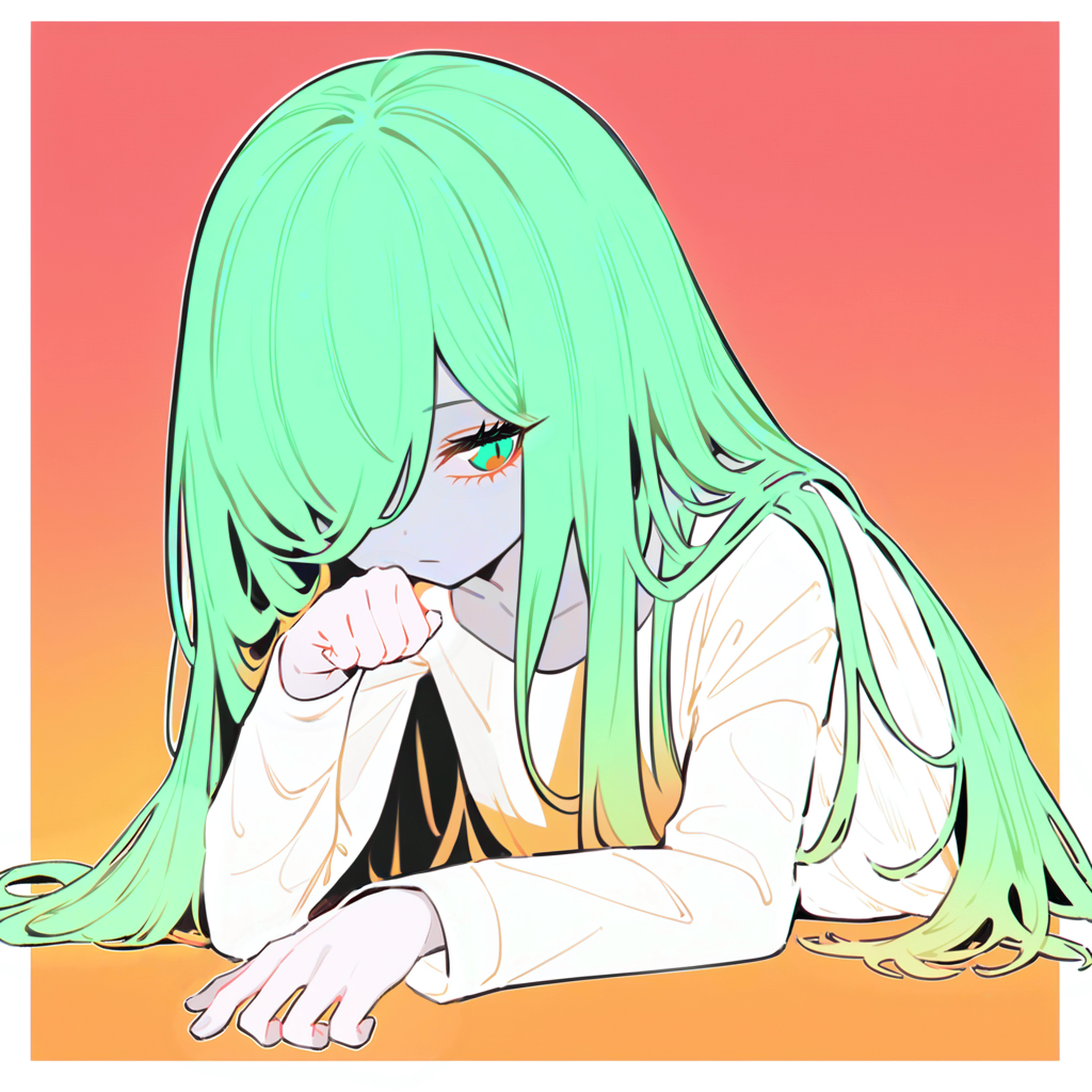 1girl, solo, (green hair:1.2), very long hair, straight hair, long bangs, hair over one eye, (green eyes:1.3), detailed eyes, skinny, jitome, expressionless, gray skin, 
(white spooky dress:1.2), simple dress, long sleeves, crawling, on floor
(simple background:1.4), (limited palette, flat color:1.3), (neon palette:1.3), [pastel colors:0.7], (red and orange gradient background), (pop art:1.3), outline, outside border, paw pose, negative space, 
<lora:Curl_inward_hair:0:1>, <lora:DobunezuMix-Pony:1>, <lora:Fixhands_anime_bdsqlsz_V1:1>, <lora:Neon_palette:0:0.6>
[(realistic:1)::0.6]
masterpiece, best quality, very aesthetic, absurdres,