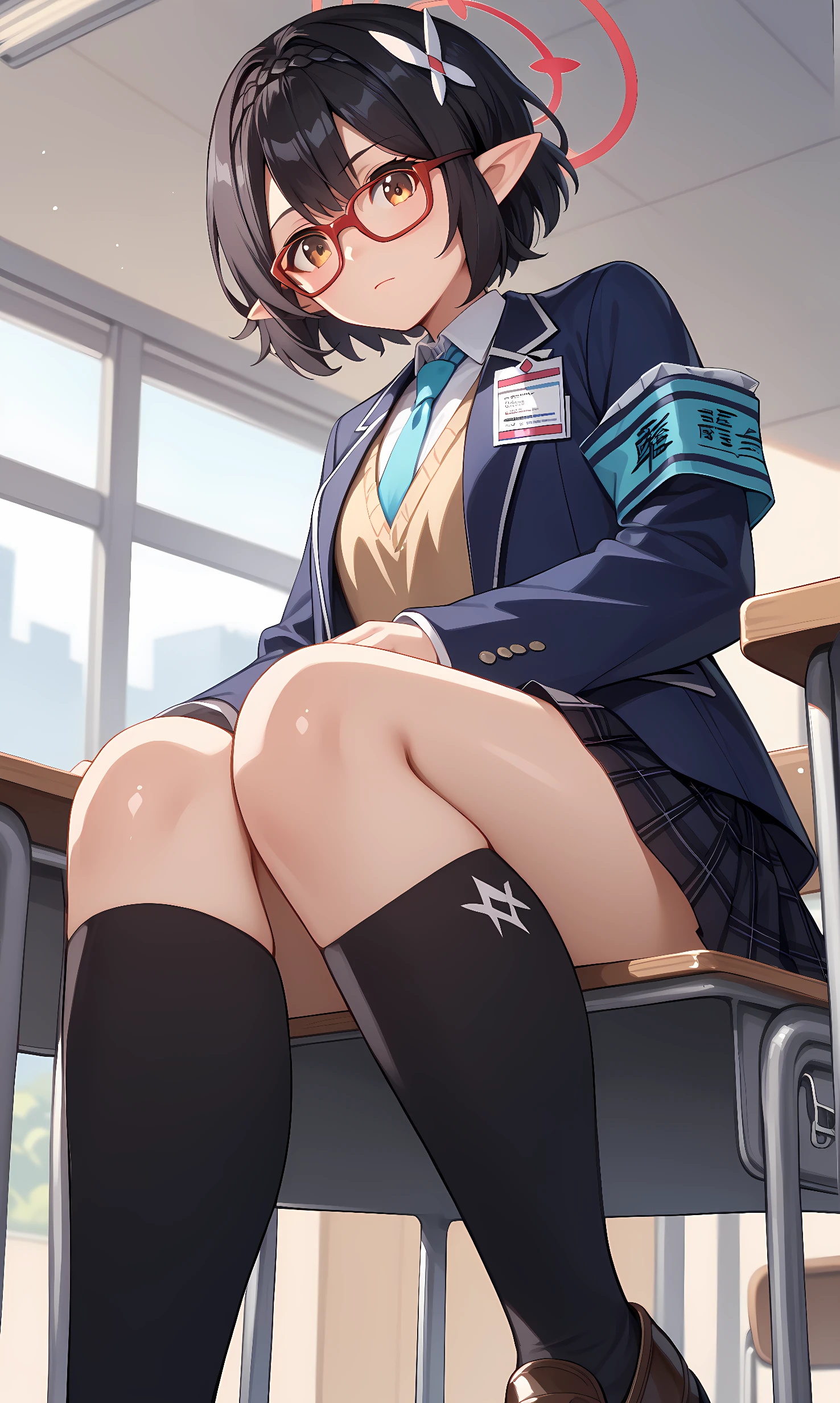 score_9, score_8_up, score_7_up, source_anime, 1girl, solo, indoors, classroom, cowboy shot, sitting, looking at viewer, shiny skin, okusora_ayane, brown eyes, black hair, short hair, pointy ears, hair ornament, halo, glasses, blue blazer, open clothes, long sleeves, armband, id card, brown vest, sweater vest, collared shirt, blue necktie, black miniskirt, pleated skirt, plaid skirt, from below, black kneehighs, brown shoes, arm support, desk