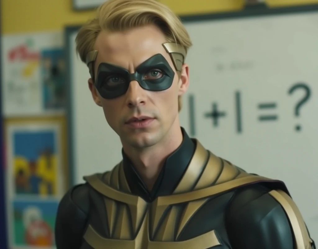 Ozymandias, a man with short blond hair and sideheadornament and a black mask in a suit with a cape. He is a preschool teacher in front of a whiteboard with the text "1+1=?"<lora:Ozymandias:0.9>