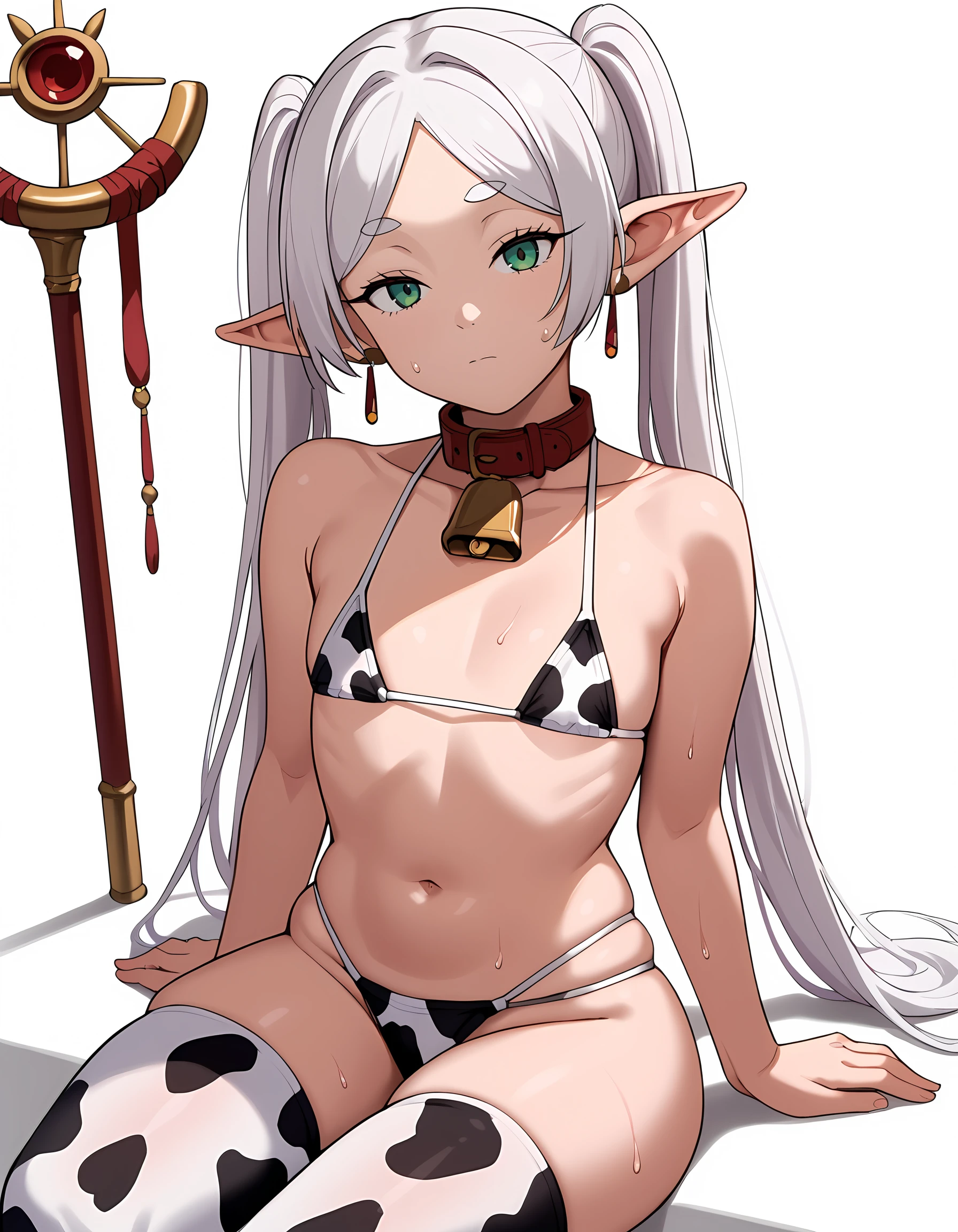 White hair, long hair, blue eyes, medium breasts, large magical collar, slave, fox girl, thickly furred tail, servant, sexy, cute, confident look, tied up, in a dungeon, nude, bondage, wooden horse